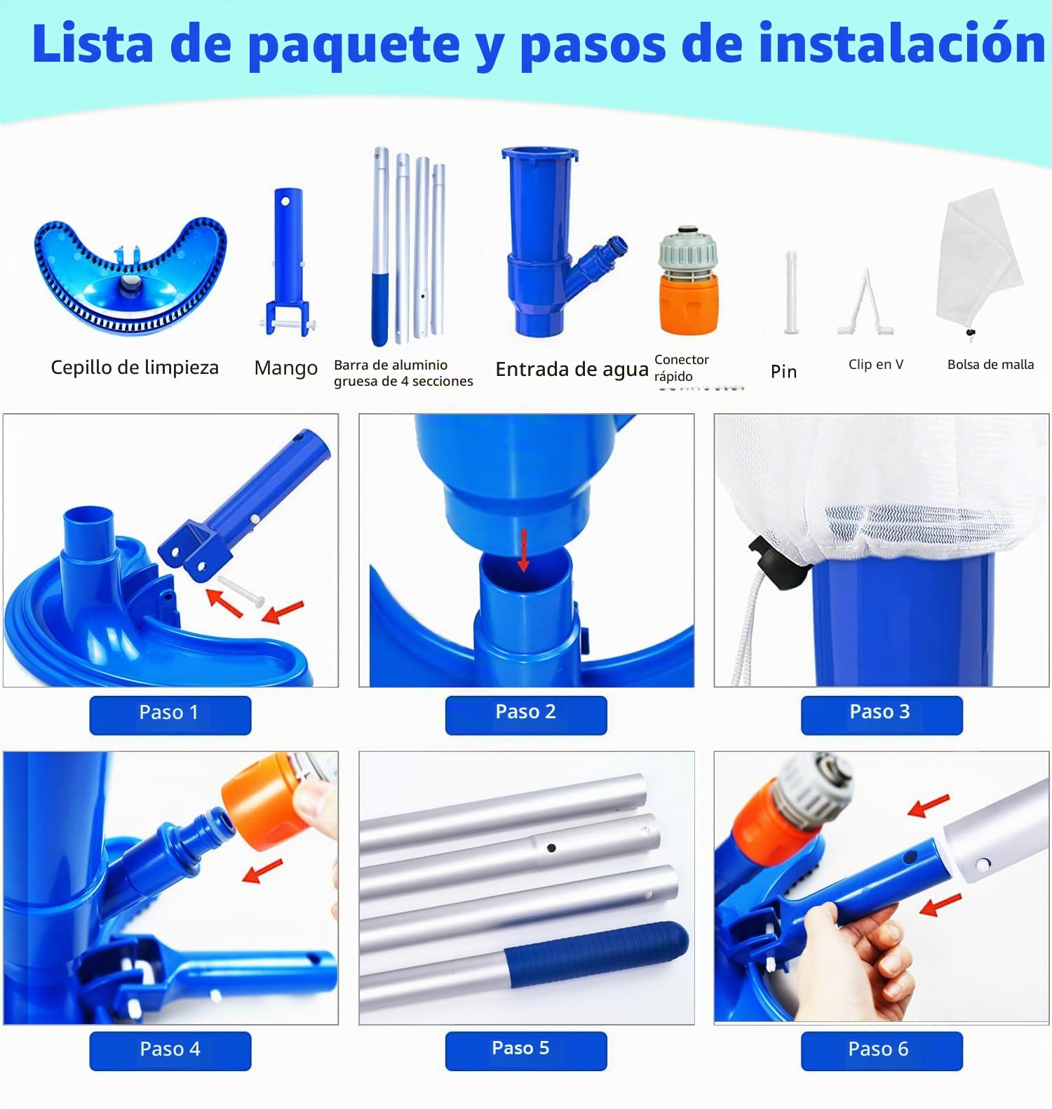Aspirador para Piscinas Herramientas de Limpieza, Cabezales de Aspiración con 1.5M Mástil Telescópico Desmontable Kit de Aluminio para Bañera de Hidromasaje, Fuente, Cuario, SPA, Estanque