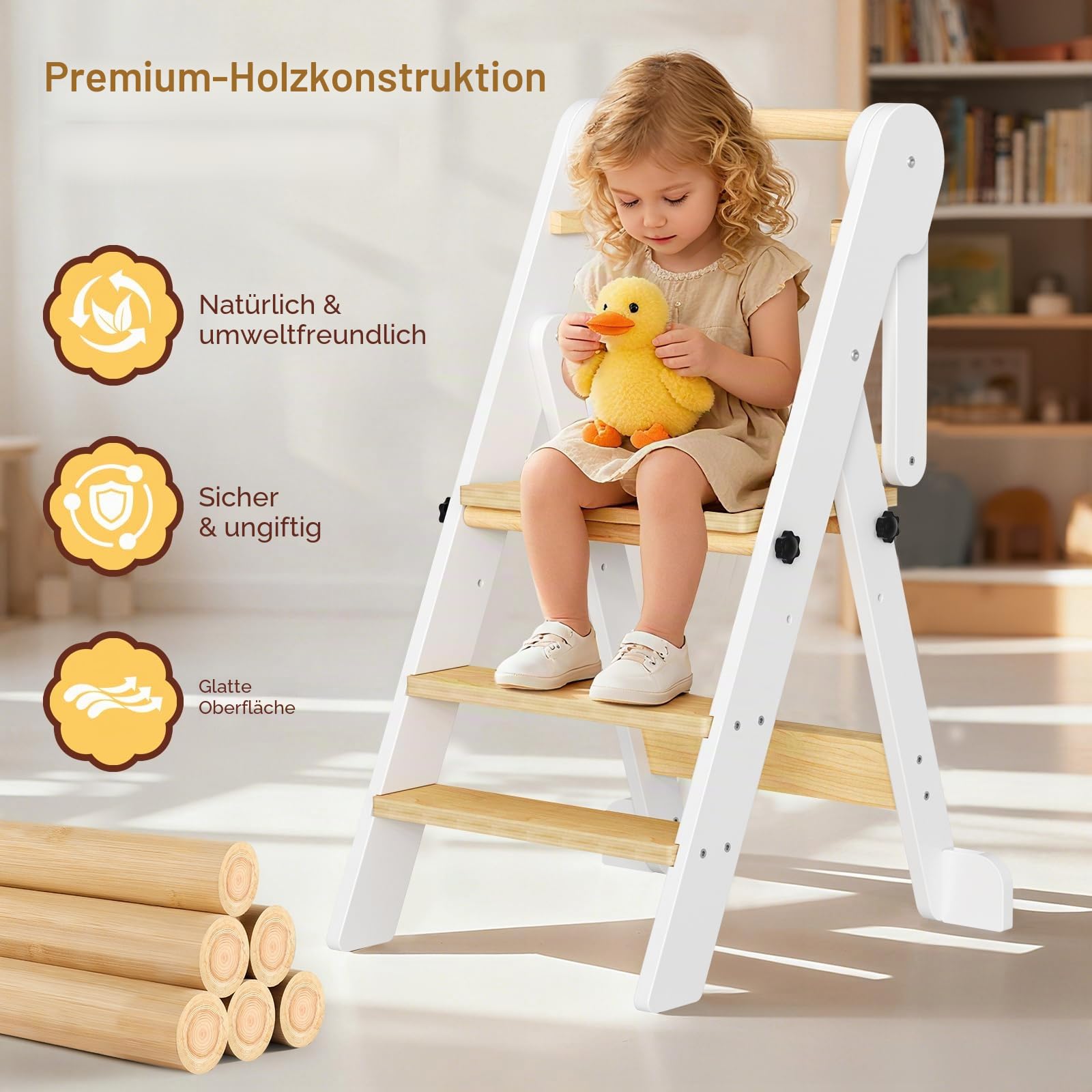 Montessori Lernturm für Kinder - Lerntower Verstellbarer Küchenhelfer mit Sicherheitsgel änder, Klapsbarer Lernturm Activity Tower für Kleinkind ab 1 Jahr, Natürliches Holz (Buche)