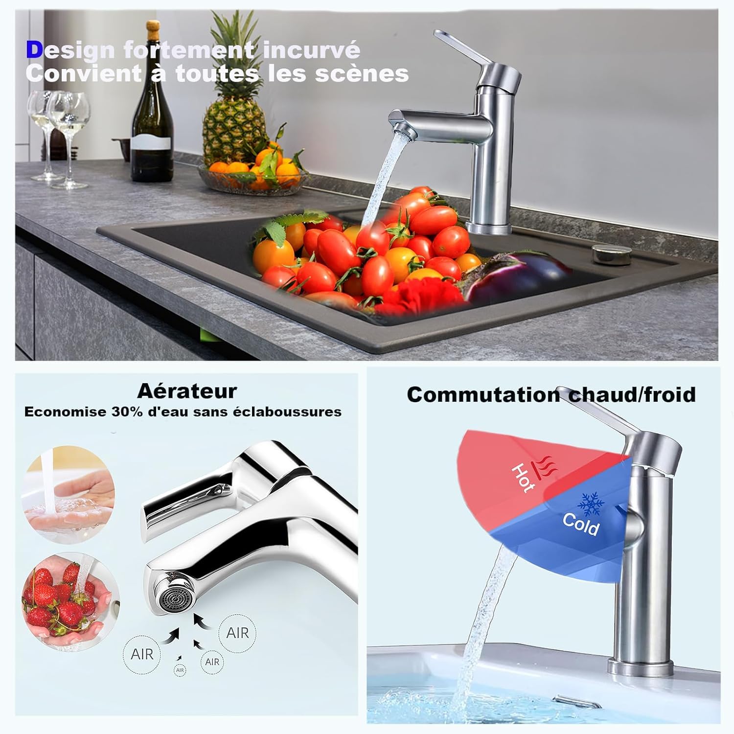 Robinets de lavabo et salle de bain chauds et froids en acier inoxydable, avec économie d'eau silencieuse et sans égouttement pour salle de bain, lavabo, petits robinets de cuisine (brossé)
