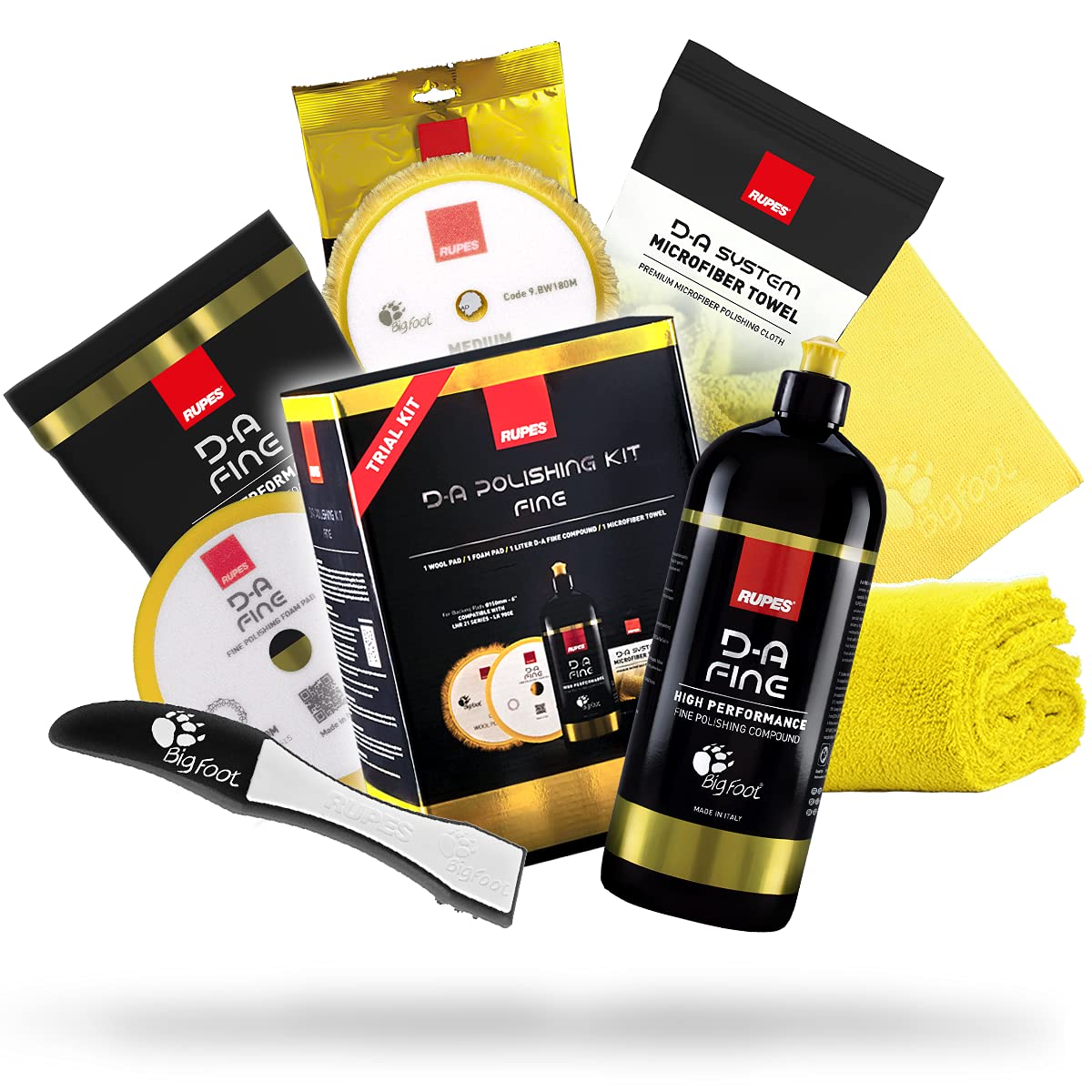 detailmate Polishing Set: RUPES Trial Kit: D-A Fine Politur 1L + Polierschwamm Fein + Wolle-Polierpad + Poliertuch Gelb + Claw Pad Tool + Superflausch Poliertuch - Zubehör für die perfekte Autopolitur