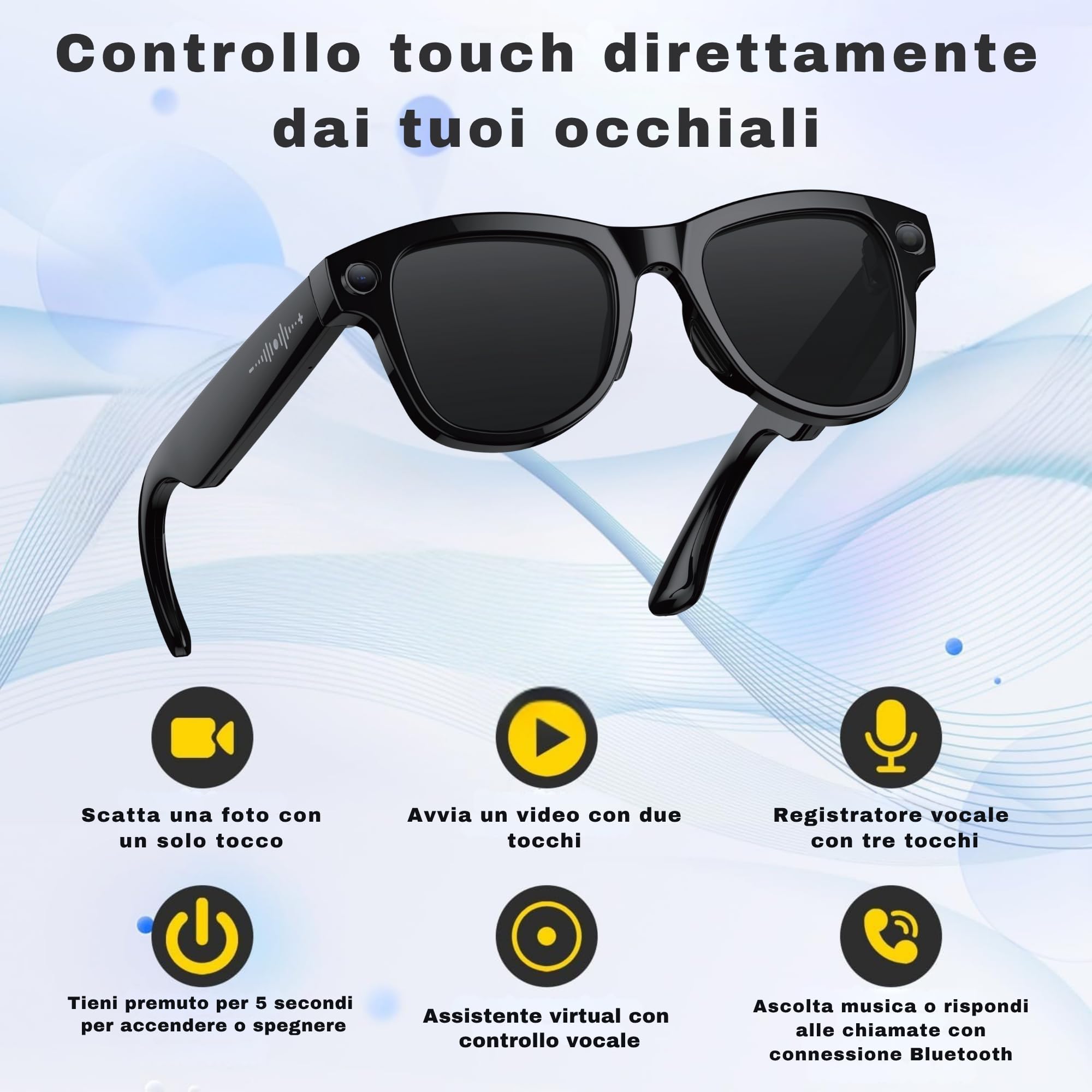 smartia - Occhiali intelligenti con fotocamera, custodia di ricarica portatile, occhiali da sole Bluetooth, IA integrata a comando vocale, APP in italiano, glasses e traduttore, 33MP 4K