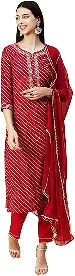 Indiase etnische dameskleding, kurta-broek met nayra-snit, broek met dupatta, kurti-tuniek, rayon kurti en palazzo (wijnrood, L