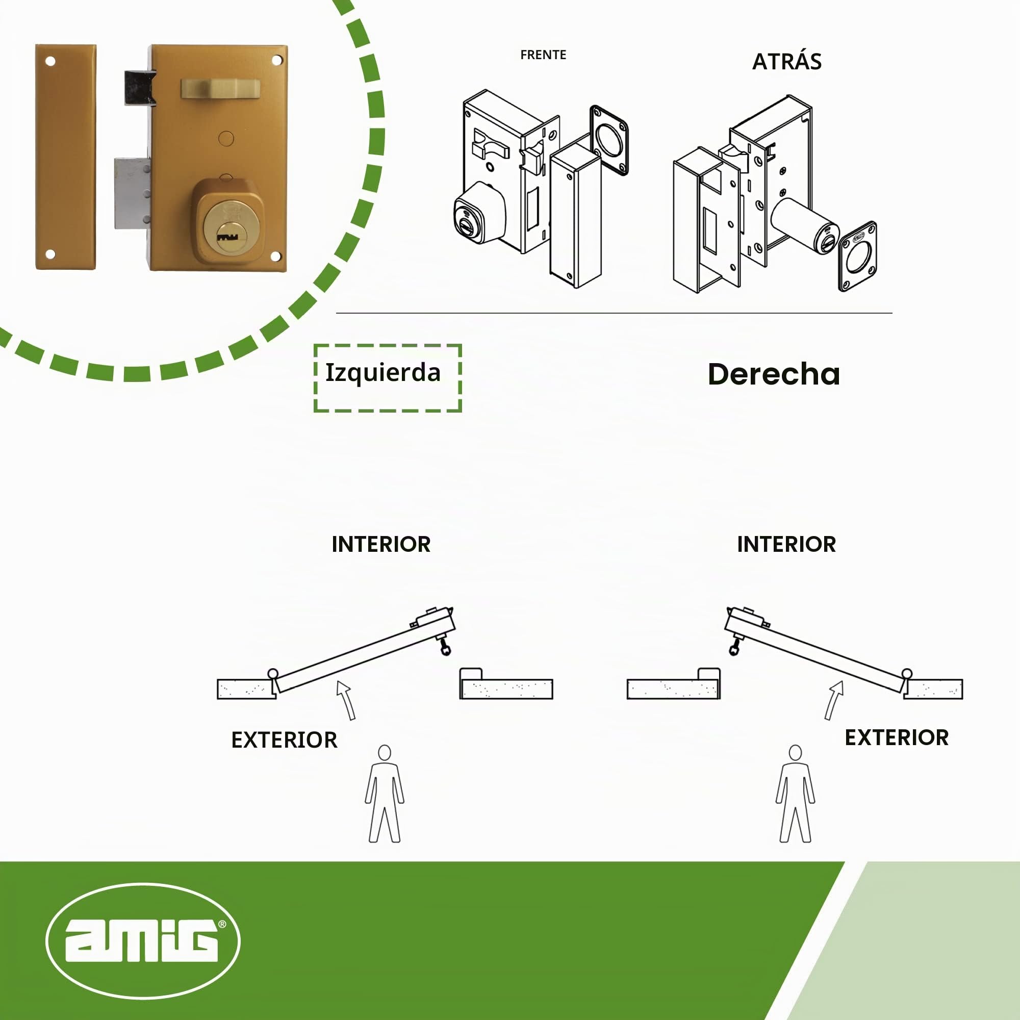 Amig - Cerradura de Sobreponer de Izquierda con Palanca de Cierre, Lengüeta y Tirador para Puertas de Madera Mod. 75, 67 x 112 mm, Cilindro Redondo de Seguridad, Acero Dorado