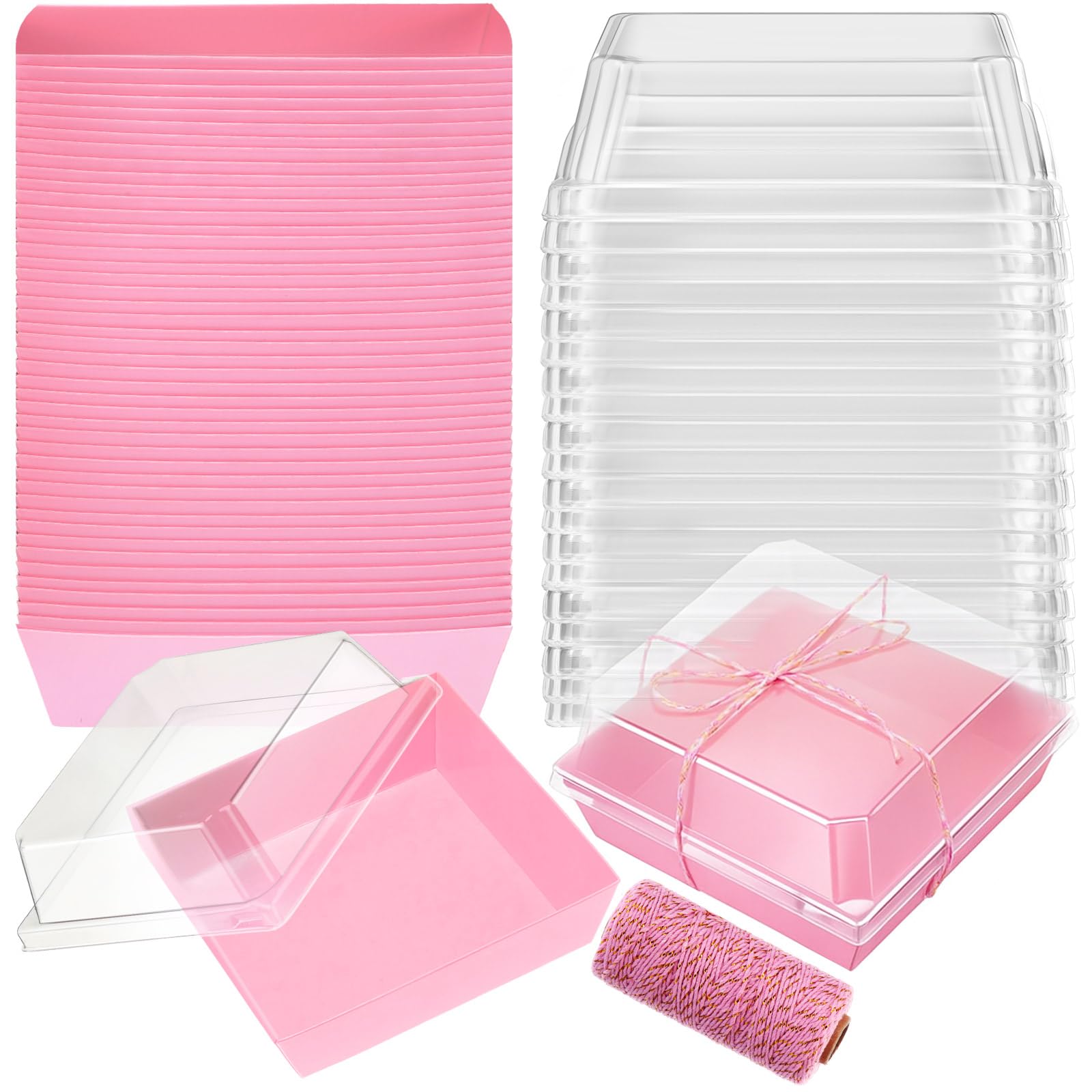 Ctosree 100 Pcs Paper Charcuterie Boxes with Clear Lids 4.5 Inches Disposable Cake Square Dessert Container Bakery Boxes Bundle with Rope for Food