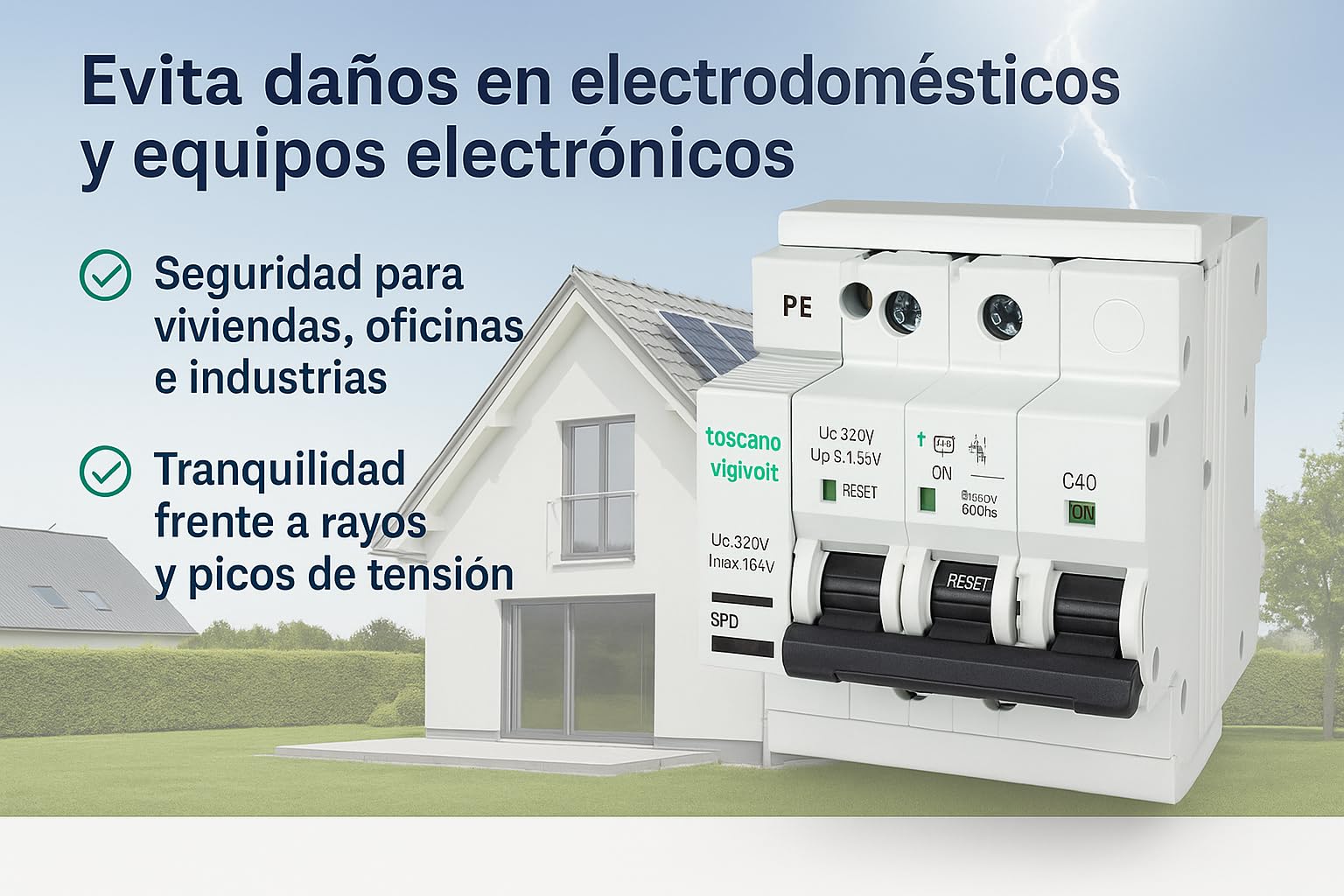 Rasmacor | Tóscano Protector Sobretensiones Transitorias y Permanentes 2P 40A COMBI-2P40T15 Toscano | No instalar en líneas sin Neutro 240V | IGA 10kA | Imax 15kA | Montaje en Rail DIN