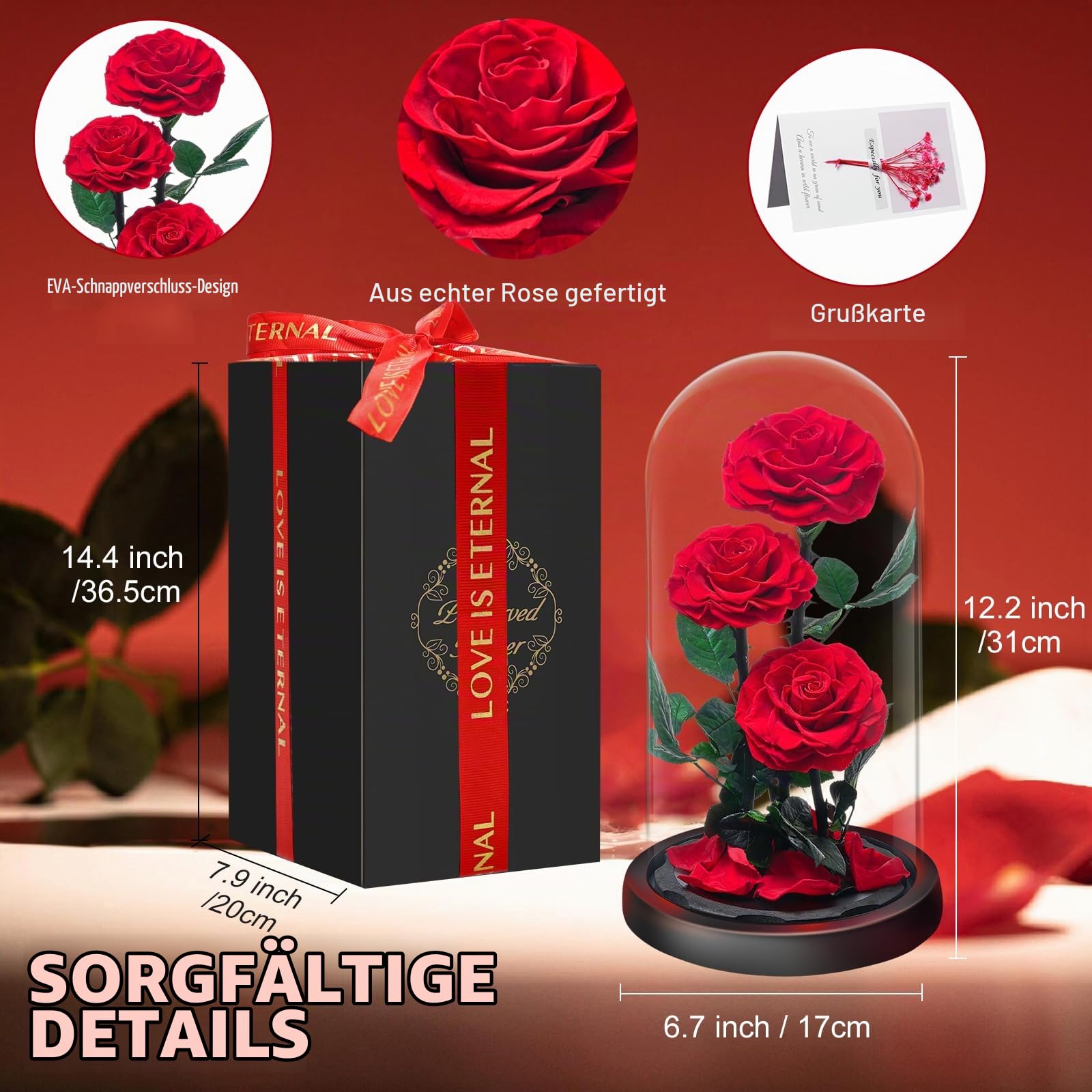 Ewige Rose im Glas, Drei Rote Rosen, Konservierte Echt Blume für 5 Jahre, Infinity Rose, Besondere Geschenk für Frauen, Mama, Freundin, für Sie, zum Valentinstag, Jahrestag, Geburtstag, Muttertagn