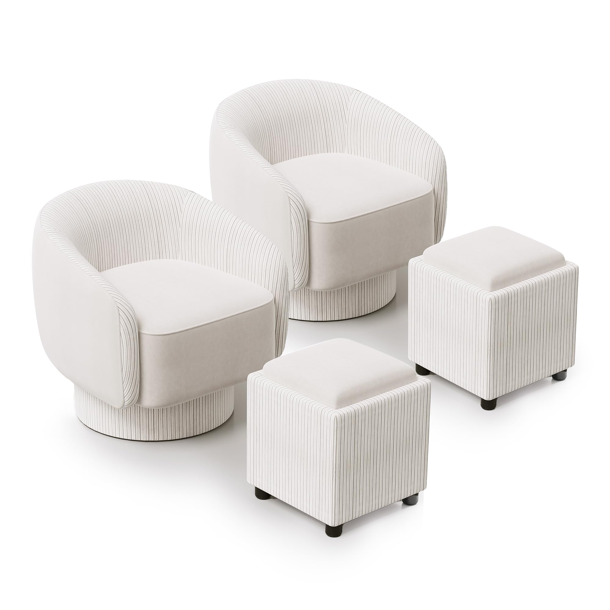 HEYNEMO Swivel Accent Chair with Ottoman Set of 2, 360° Swivel Barrel Chair with Storage Footrest, Modern Velvet Armchair for Living Room, Bedroom, Nursery, Beige