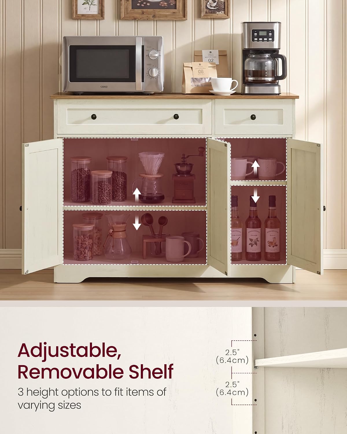 Adjustable and removable shelf inside the cabinet