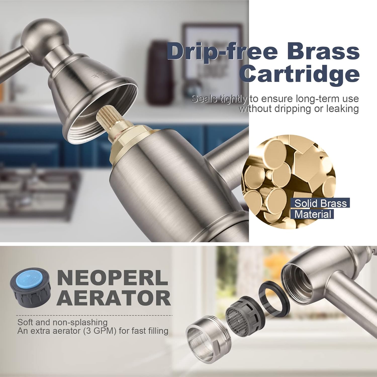 Brushed Nickel Double Handle Deck Mount Pot Filler Faucet