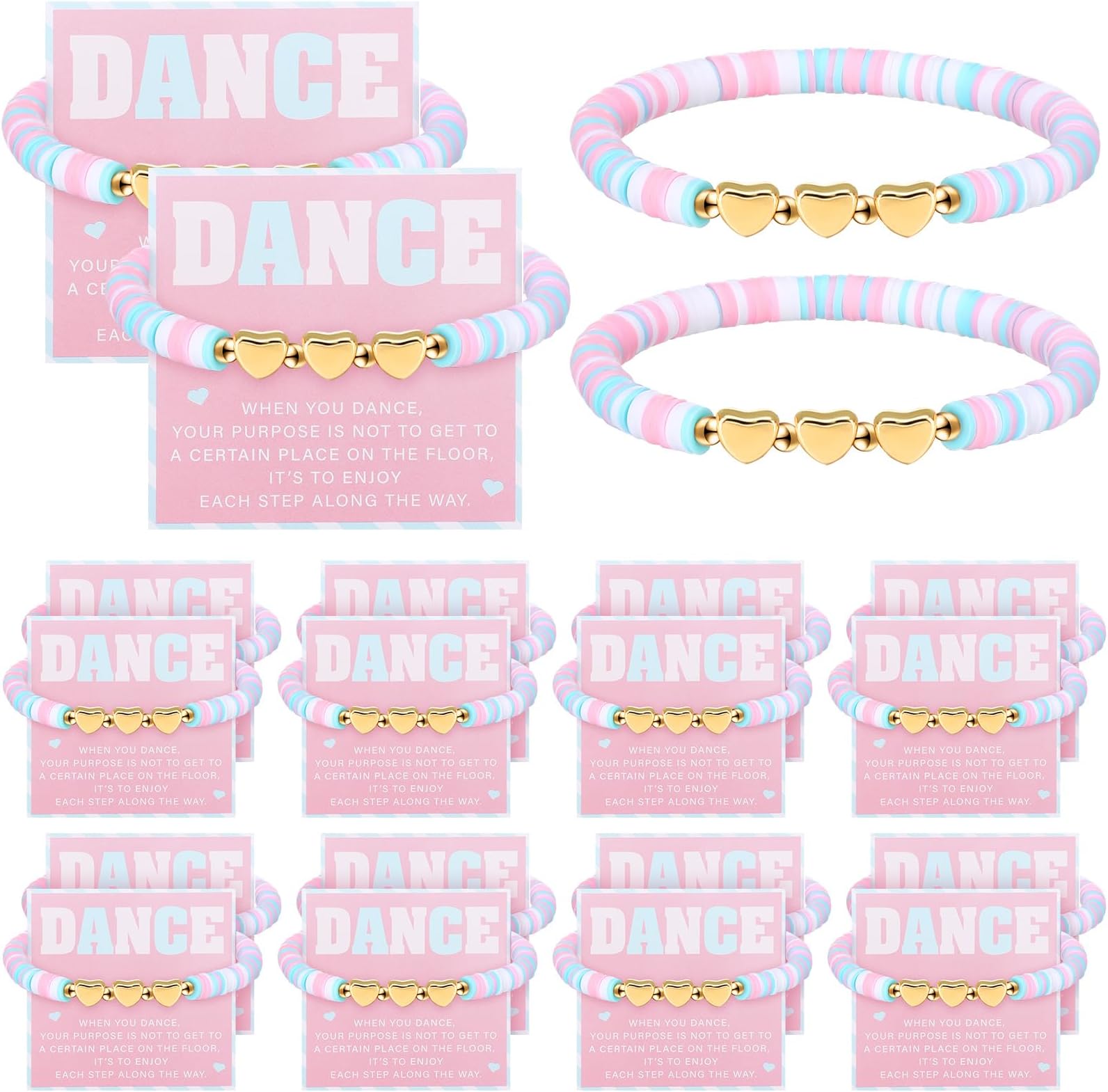 24 Sets Dance Gifts Bulk Include Pink Blue White Polymer Clay Beaded Bracelet with Greeting Card Dancer Party Favors Team Gifts Recital Jewelry for Women Ballerina Birthday
