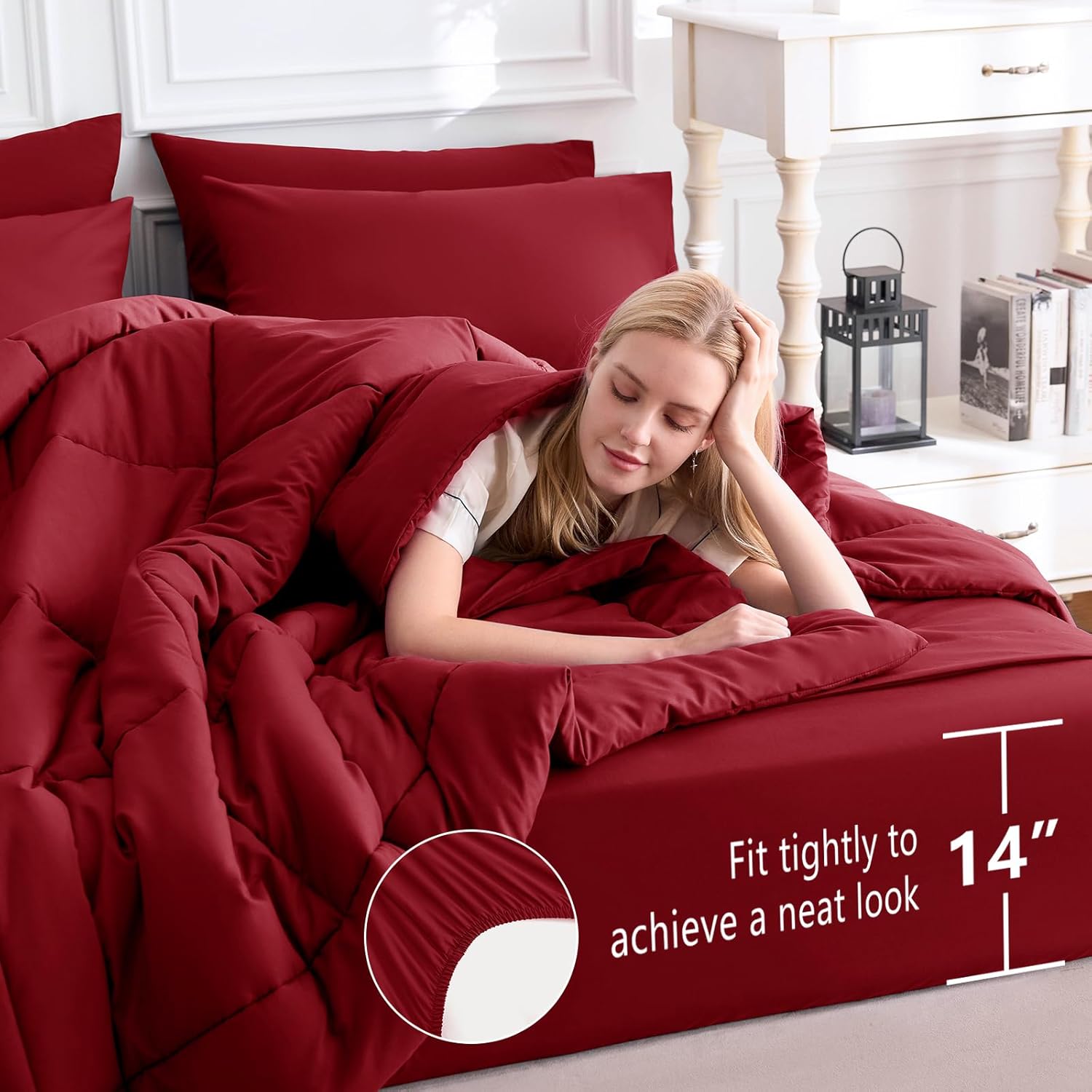 CozyLux Full Size Comforter Sets Dark Red, 7 Pieces Bed in a Bag, Red Comforter Full Size, All Season Bedding Sets with Stitch Quilted Comforter, Flat Sheet, Fitted Sheet, Pillowcases - Image 5