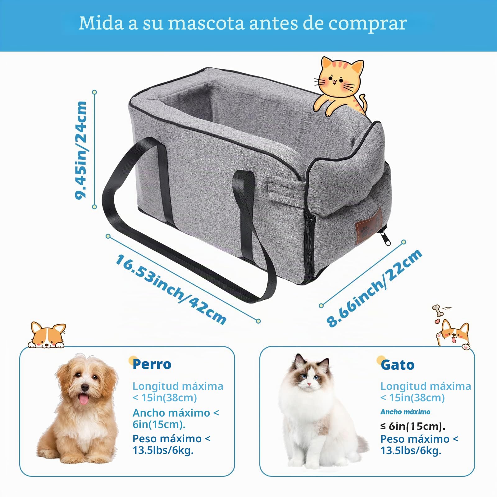 Asiento de coche para perros pequeños, asiento elevador de coche desmontable y lavable, para mascotas pequeñas de hasta 14 libras, consola central para perros y gatos, hogar, viajes (gris)