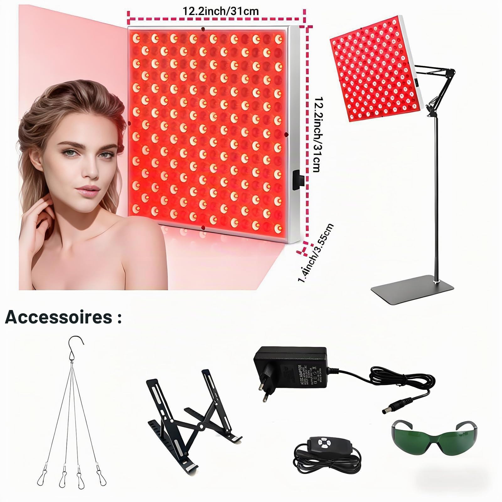 Lampe de luminothérapie rouge corps entier, panneau infrarouge 225 LED 660nm & 850nm carré 31×31 cm, 5 niveaux, 6 minuteries, mode pulsé 10 Hz, pied réglable (Blanc)