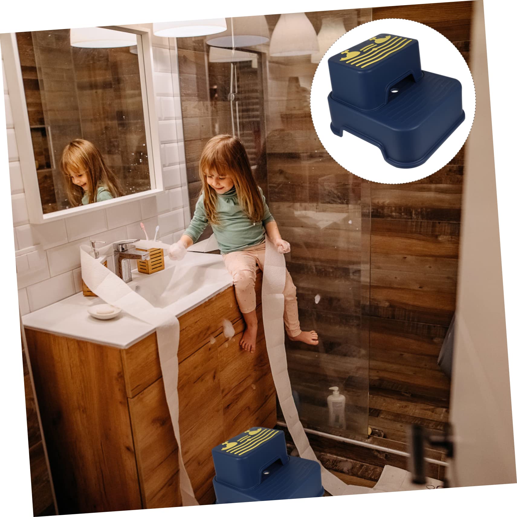 Sgabello a Due Gradini per Bambini, Plastica Blu per Lavabo | Pp e Tpe, Bordi Lisci e Superficie Antiscivolo, per Bagno e Addestramento All'uso del Vasino