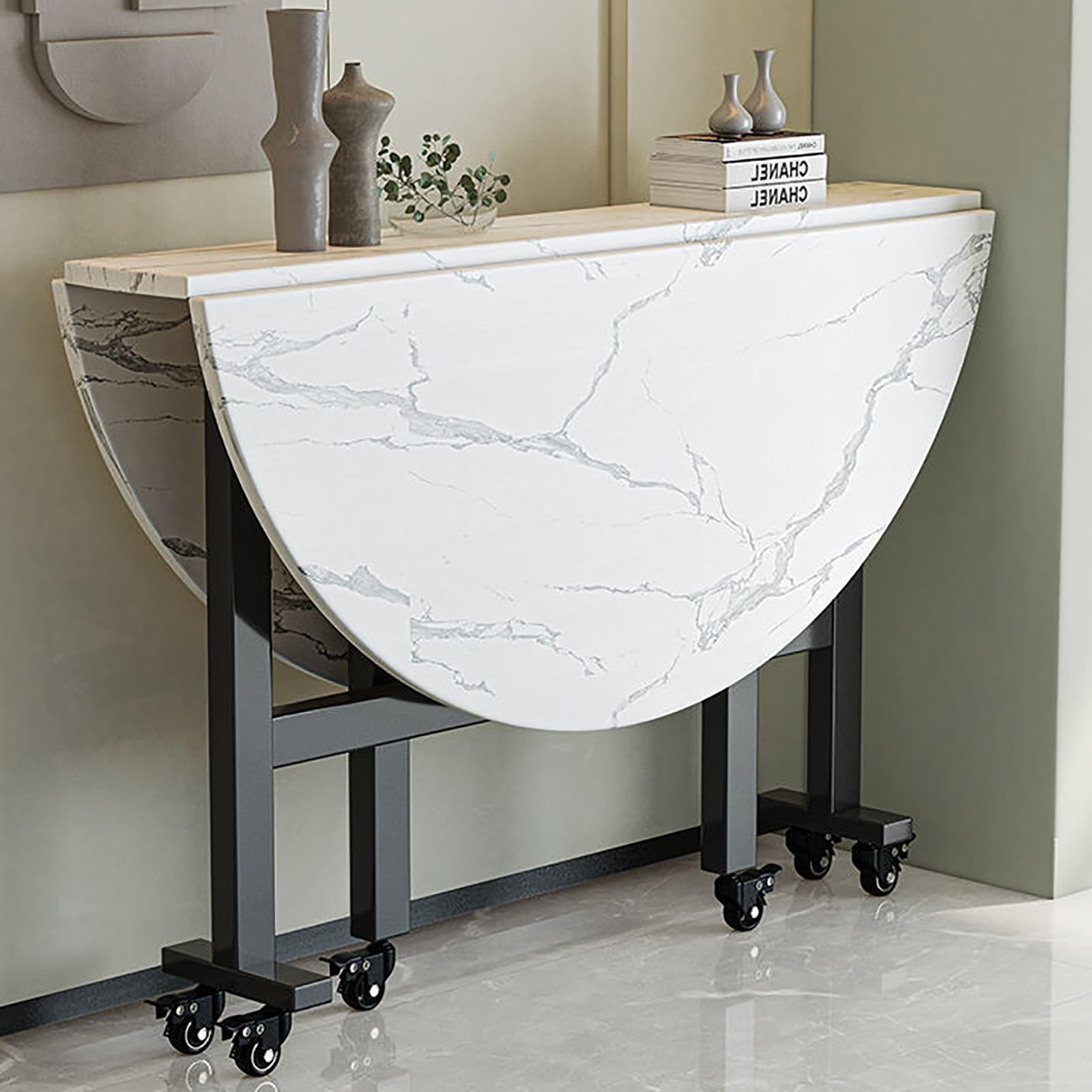 Modern Round Drop Leaf Dining Table, Folding Dining Table with 6 Wheels, Foldable Kitchen Table with Carbon Steel Bracket, Foldable in 3 Forms, Easily