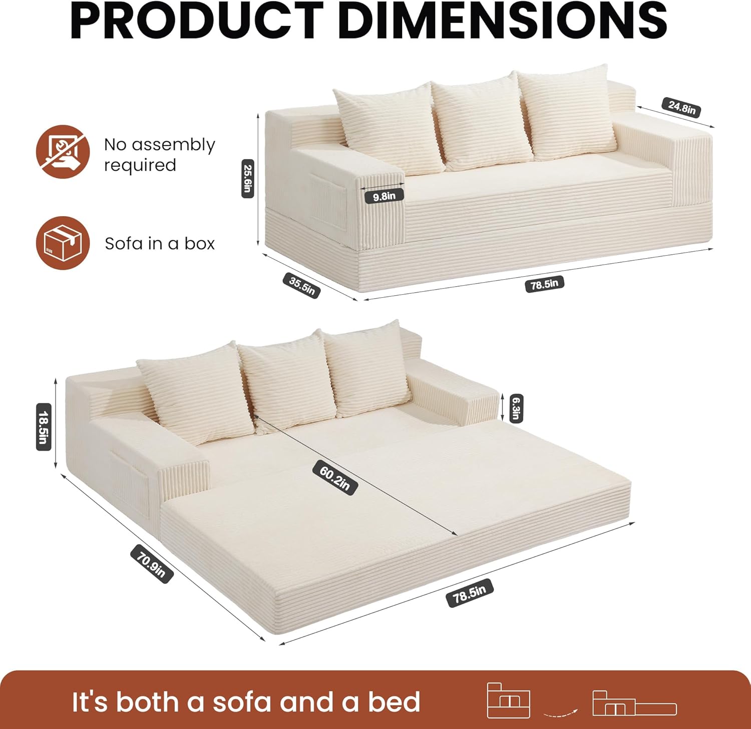 Boneless Couch 78 Inch, 2 in 1 Convertible Sofa Bed Corduroy 3 Seater Fold Out Couch Oversize Boneless Loveseat Sleeper Sofa with 3 Pillows for Living Room, Bedroom & Apartment - Image 2