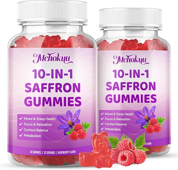 Saffron Supplements Gummies for Kids & Adults Vision, Zzz, Focus & Cortisol with Ashwagandha, L-Theanine, Rhodiola Rosea, St.John's Wort, Lemon Balm, Vitamin D3, B6, Magnesium & Zinc, Raspberry, 120