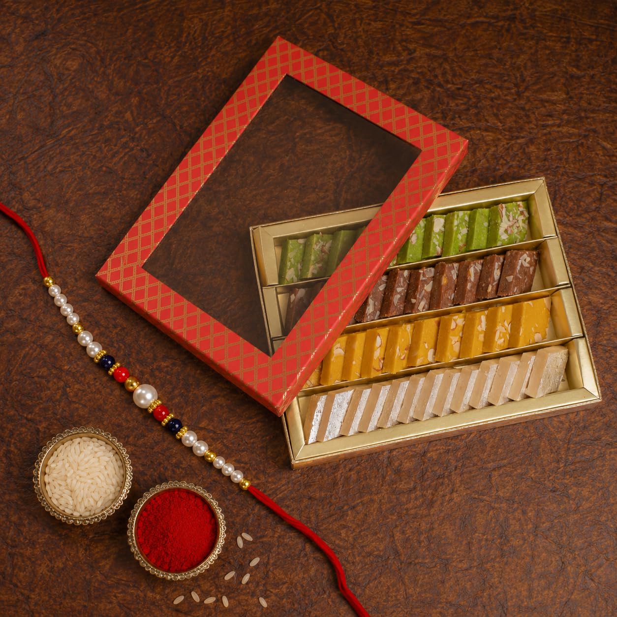 Ghasitaram Gifts Jaiccha Rakhi Gifts for Brothers Rakhi Sweets - Pure Assorted Kaju Katlis Gift Box 500 GMS with Pearl Rakhi-picture-12