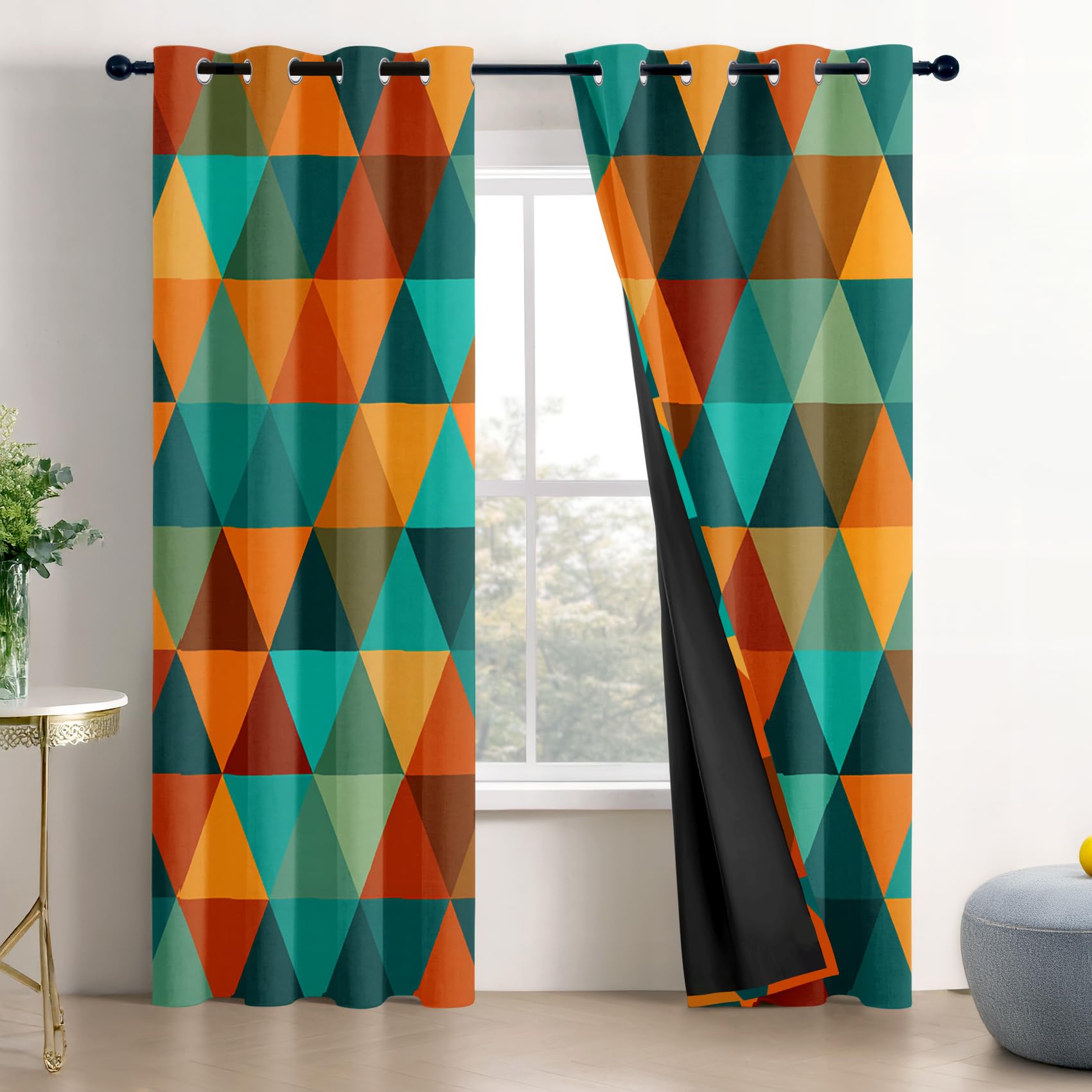 Mistela Geometric Eyelet Curtains - Mid Century Colorful Retro Modern Blackout Curtains for Living Room Bedroom, Thermal Insulated Soundproof Short Curtain, W66 X D54, 2 Panels Drapes Room Decorations