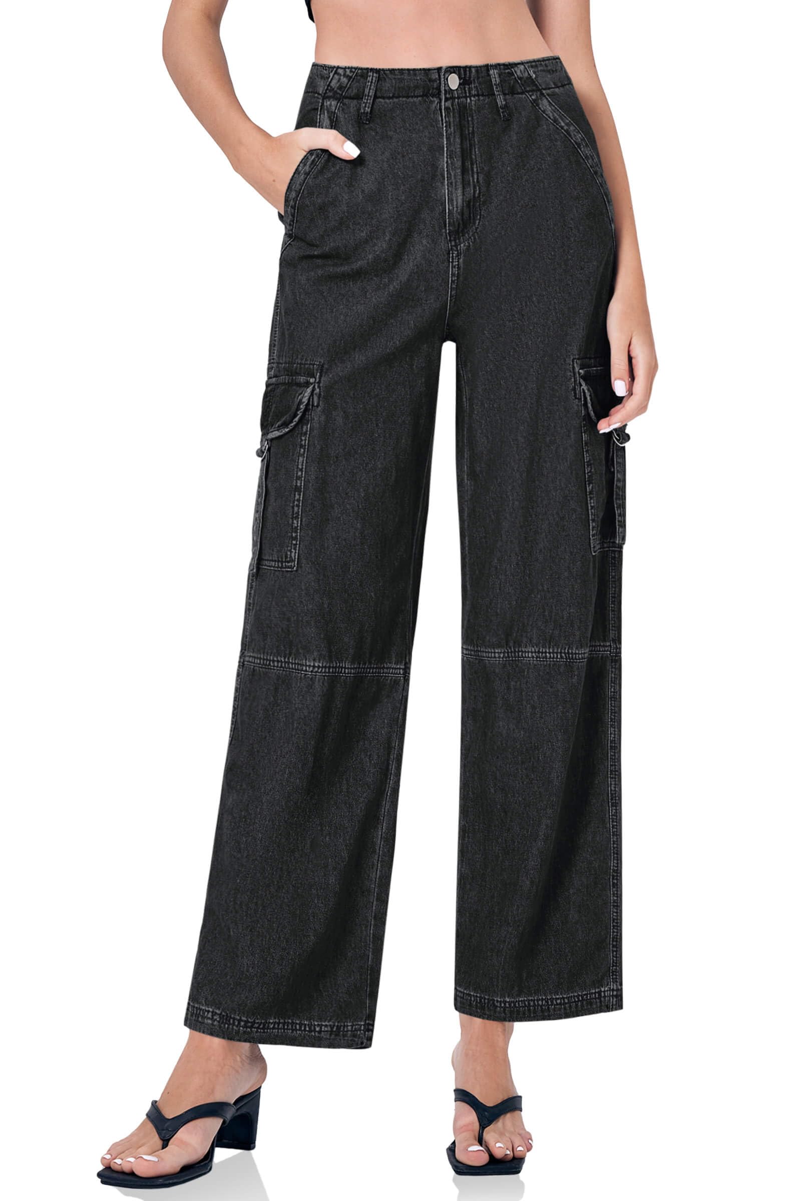 PLNOTMEPLONTME Women's High Waisted Cargo Jeans Baggy Wide Leg Denim Pants with Flap Pockets