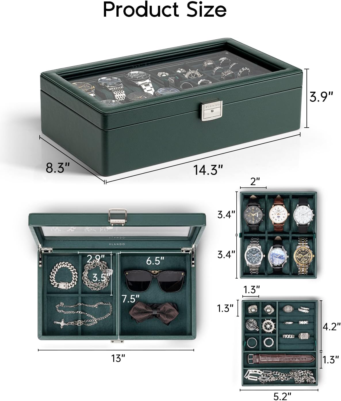 VLANDO 6-Slot Watch Box Organize, Lockable Watch Case with Textured Leather, 2 Layer Watch Holder for Rings, Bracelets, Glasses, Glass Lid, Removable Divider, Gift for Fathers, Husband, Friend, Green