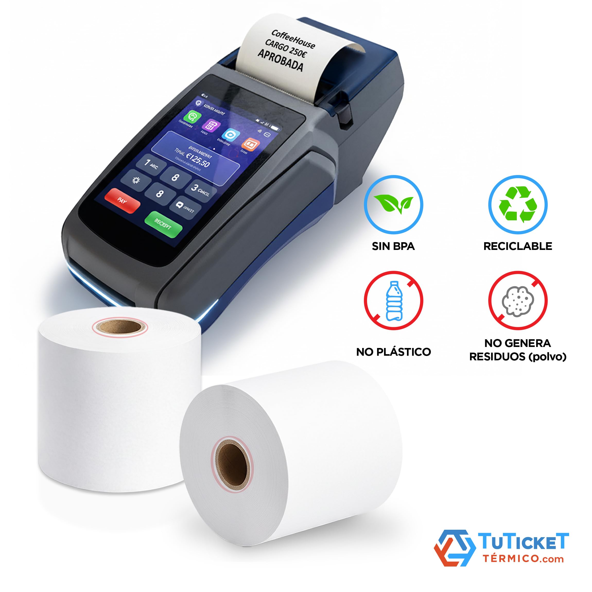Rollo de Papel Térmico 57x55x12 mm (40 uds) para Caja Registradora, TPV e Impresora Térmica de Ticket con Salida de 57mm de Ancho. Sin Bisphenol A