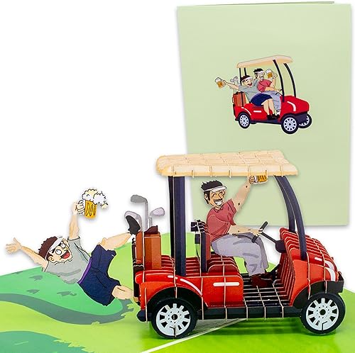 Miniatura 1 de Tarjeta de cumpleaños de golf  Carrito de golf desplegable 3D con amigo del golf  Divertidas tarjetas de jubilación para jefe, compañero de trabajo