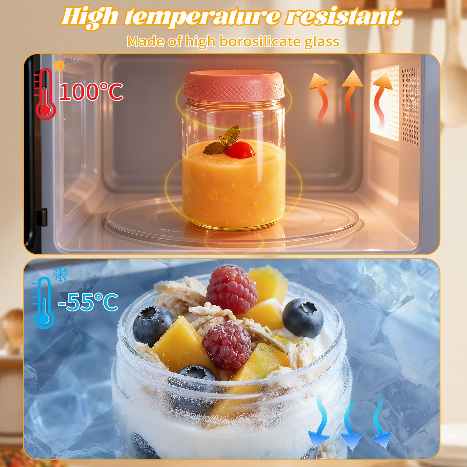 Zocipro Zestaw 4 słoików Overnight Oats Jar 600 ml i 350 ml, słoiki ze szkła borokrzemianowego, słoiki na jogurt i owsiankę z uszczelnianymi zakrętkami, hermetyczny szklany słoik do przygotowywania