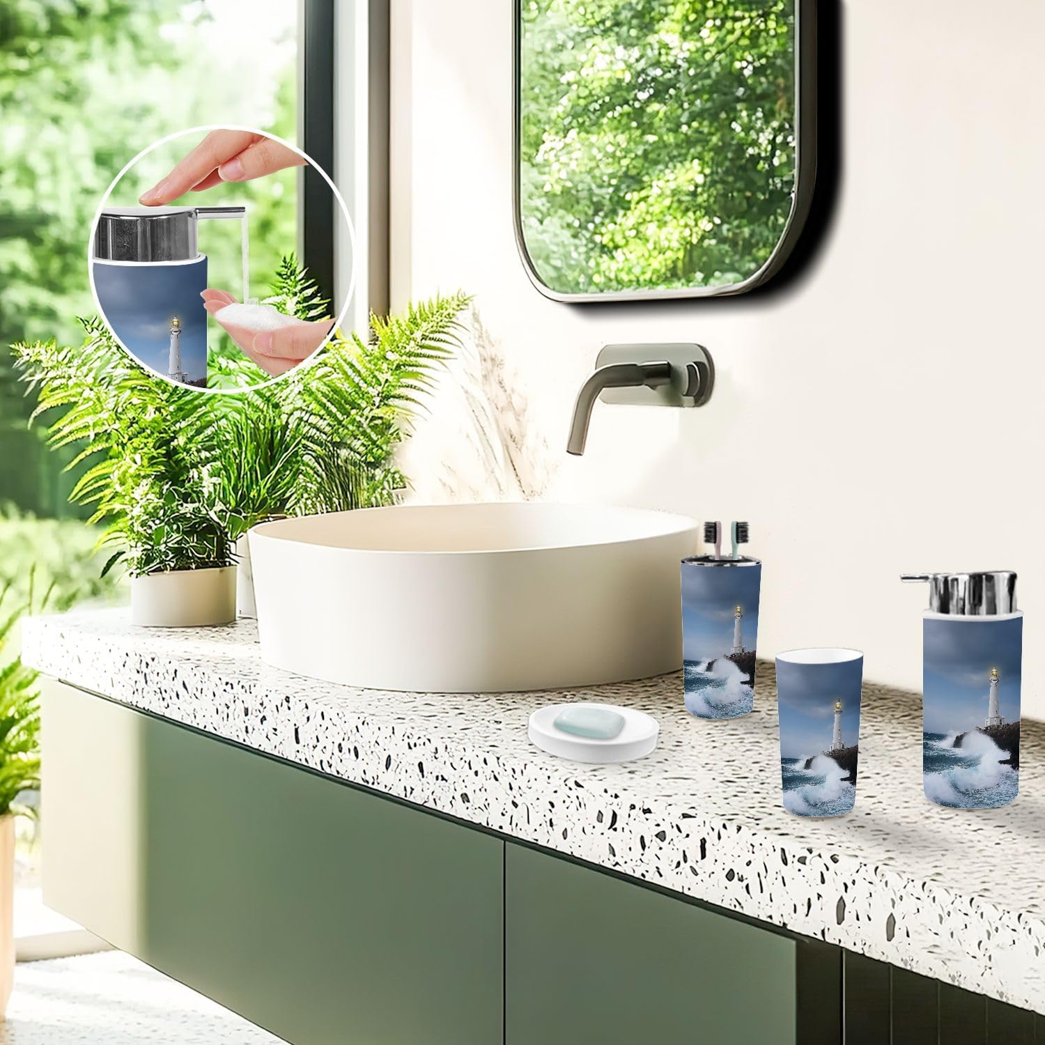 Bathroom Accessory Set 6 Piece White Lighthouse Cliff Trash can, Toothbrush Holder, Soap Dispenser, Soap Dish, Toothbrush Cup, Toilet Brush Holder