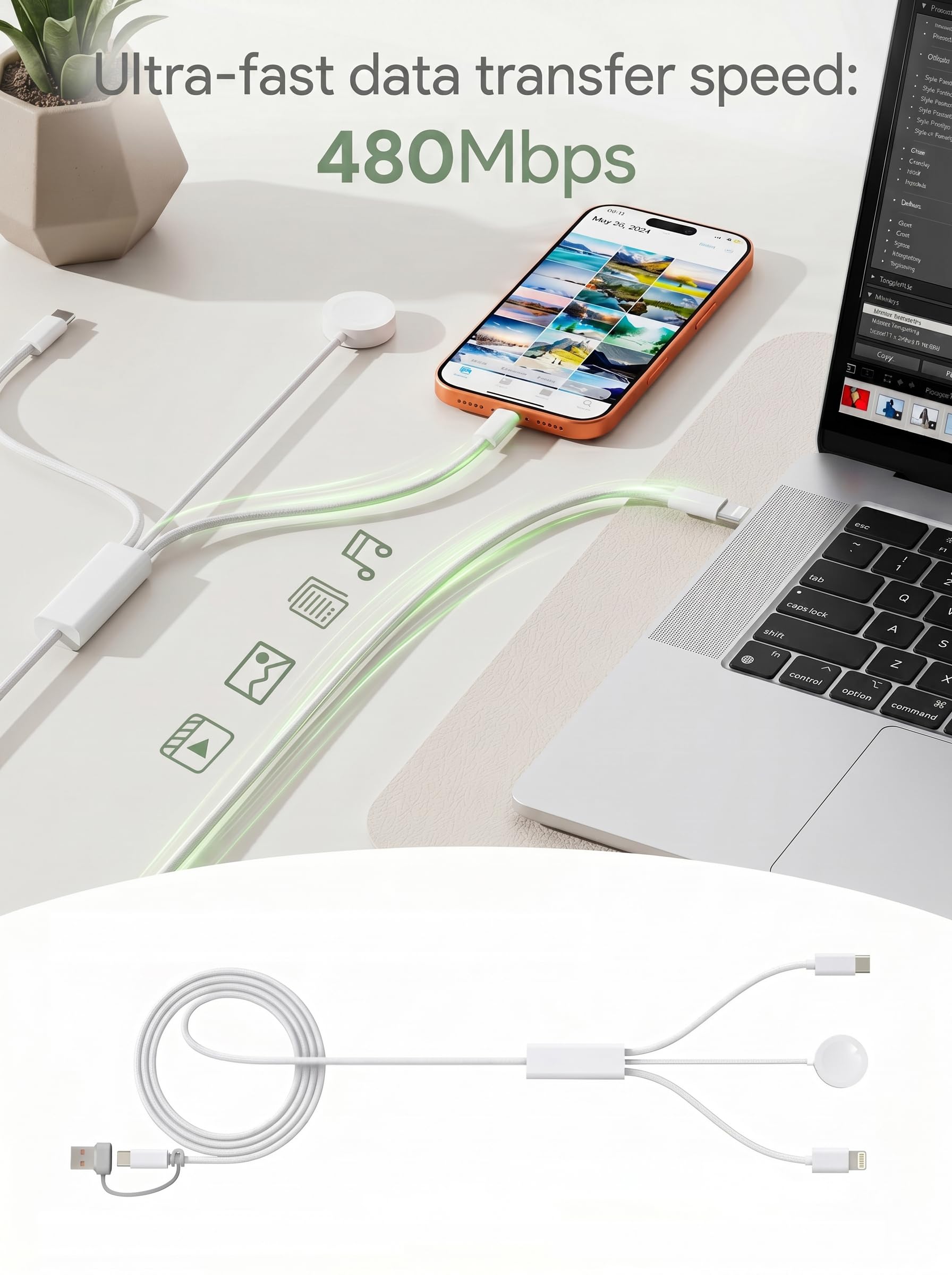 Câble de charge rapide USB C 3 en 2 amélioré pour Apple Watch, chargeur iPhone, iWatch - Câble multiple USB C compatible avec iWatch Ultra/SE/9/8/7/6/5/4/3/2/1 et iPhone 15/14/13/12/11/Galaxy S23-12