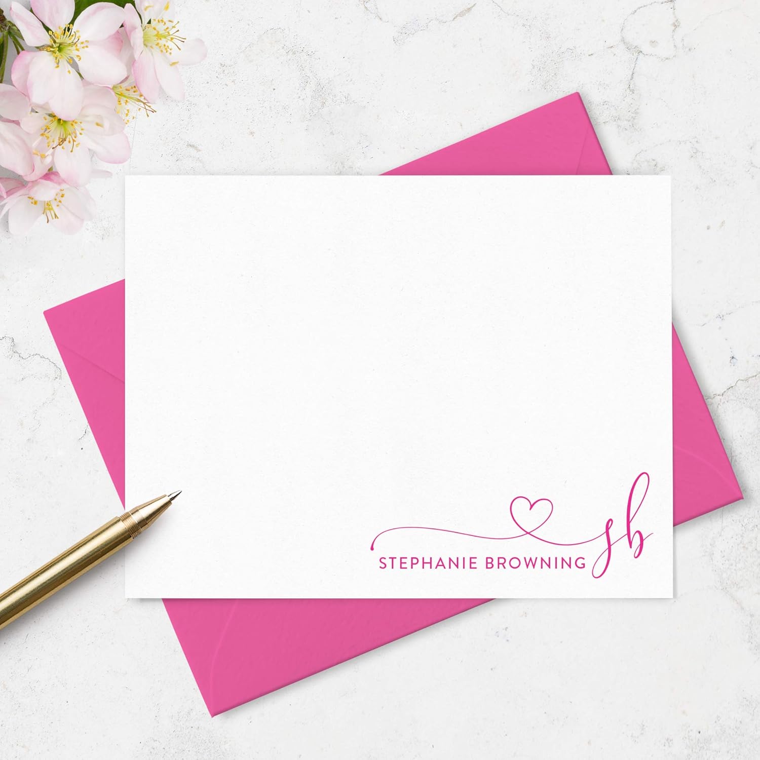 Personalized Stationary Note Cards and Envelopes with Trailing Heart Monogram and Name, Custom Set of Flat Notecard Stationery in Choice of Colors (Style #5)