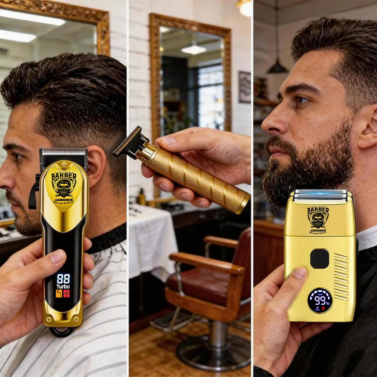 LARGNER Gold Professional Cordless Hair Clippers, Beard Trimmer & Electric Razor Kit