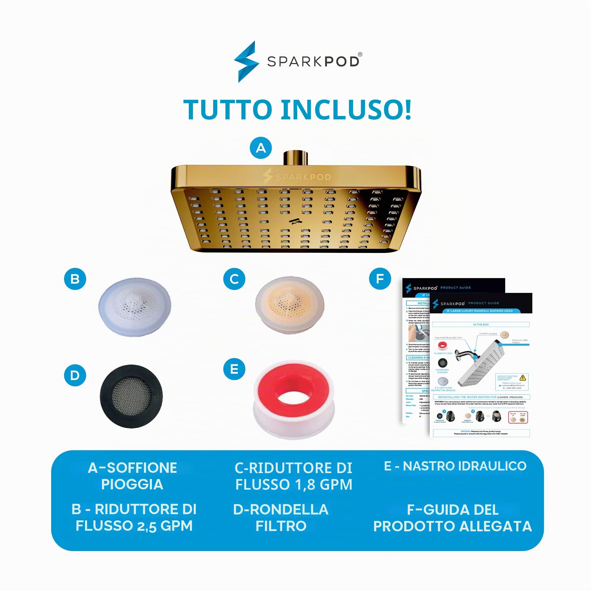 SparkPod Soffione doccia fisso, pioggia ad alta pressione, look moderno di lusso, facile installazione senza attrezzi, ricambio perfetto per il soffione doccia del tuo bagno (quadrato 20 cm, oro