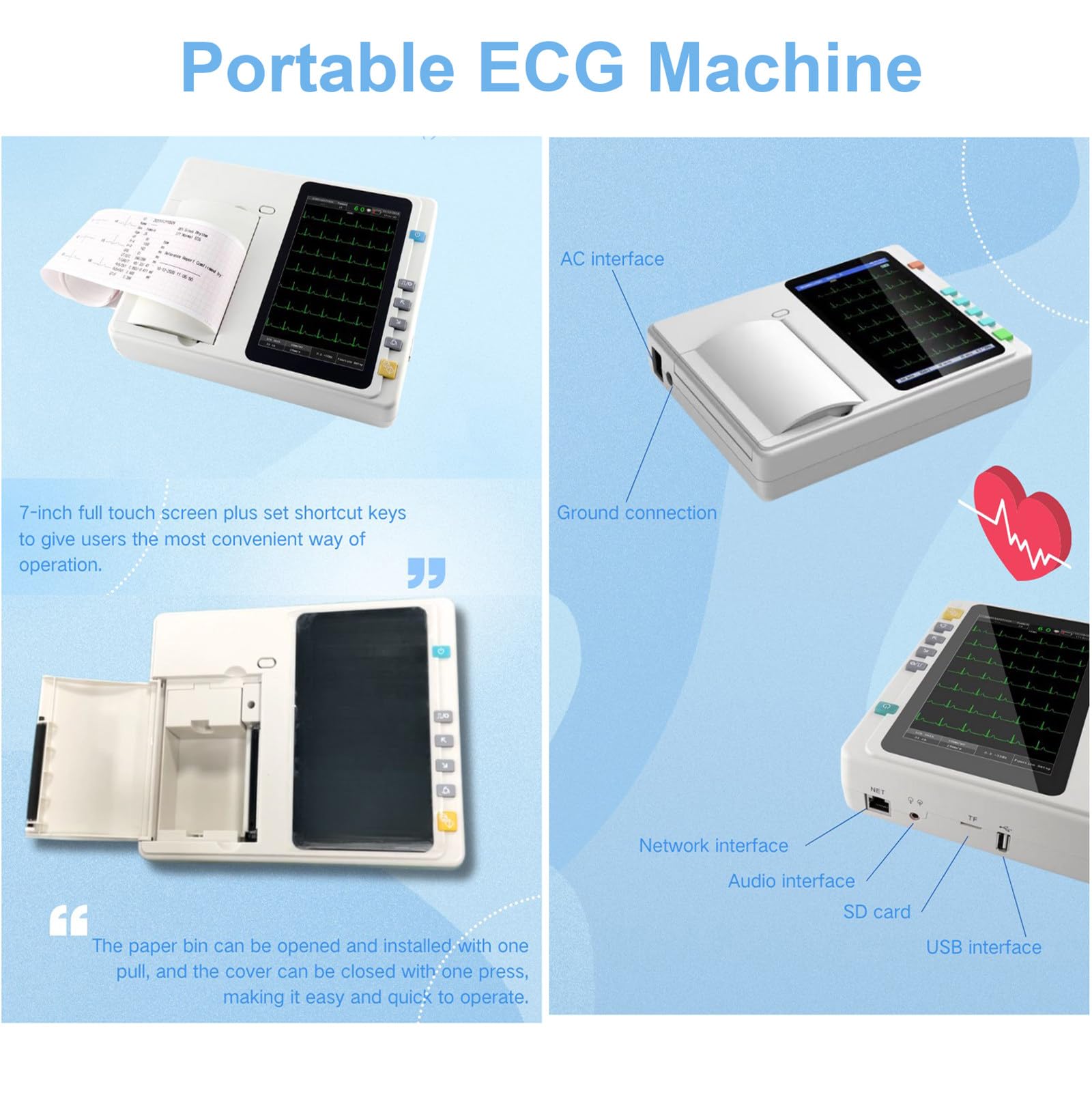 Moniteur ECG Portable - électrocardiographe à écran Tactile 7 Pouces, Moniteur Cardiaque, électrocardiographe Couleur LCD 3 Canaux à 12 Dérivations, pour La Surveillance des Signes Vitaux
