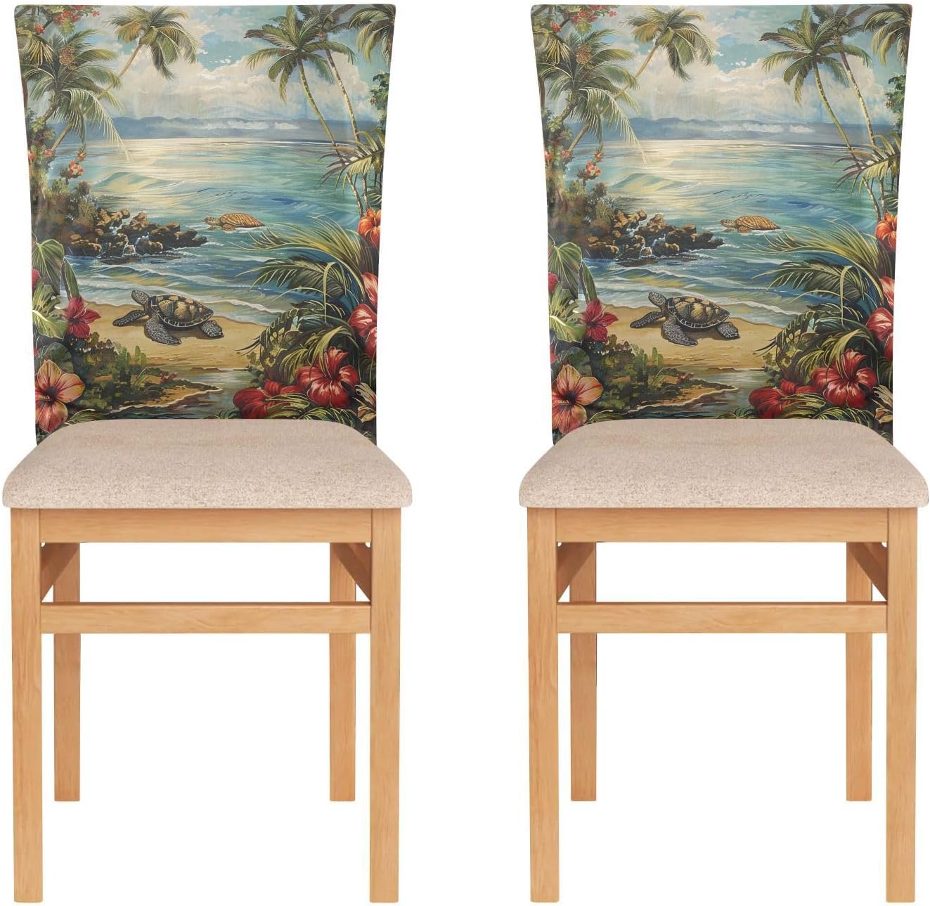 ALAZA Hawaian Palm Trees Flowers Turtles Chair Back Cover Set of 6, Washable Reusable Removable Chair Slipcovers Decorative Chair Cover for Home Kitchen Wedding Party