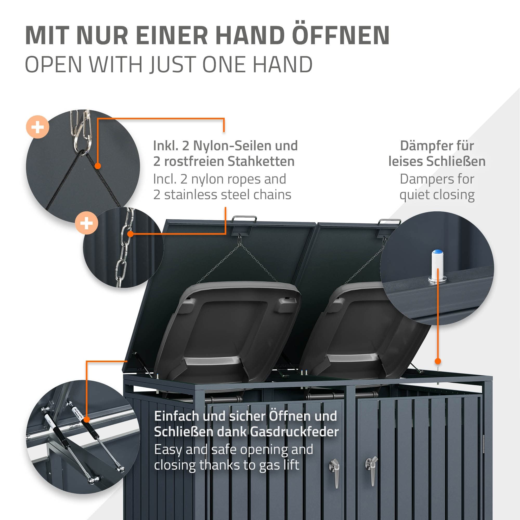 ML-Design Box pour 4 Poubelles, 240L, 264x80x116,3 cm, en Acier, Anthracite, Résistant aux Intempéries, Habillage de Poubelle avec Couvercle Rabattable/4 Portes, Conteneur Abri Hangar Cache-Poubelle