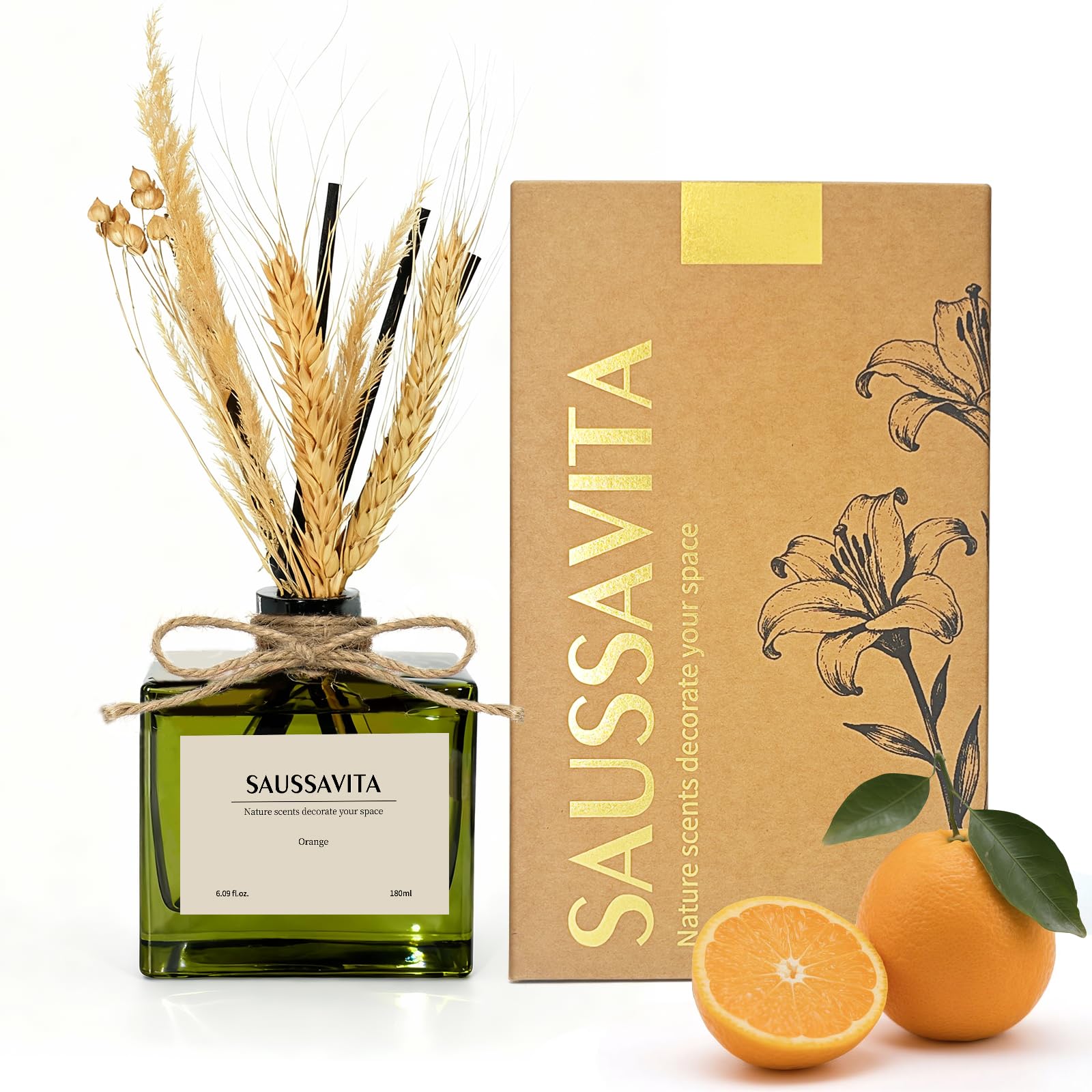 Saussavita Reed Diffuser, 180ml Citrus Grove Scented Diffuser with Dried Flowers & 7 Sticks, 120 Days Long Lasting Home Fragrance for Bathroom Bedroom Home & Office Decor, Air Freshener