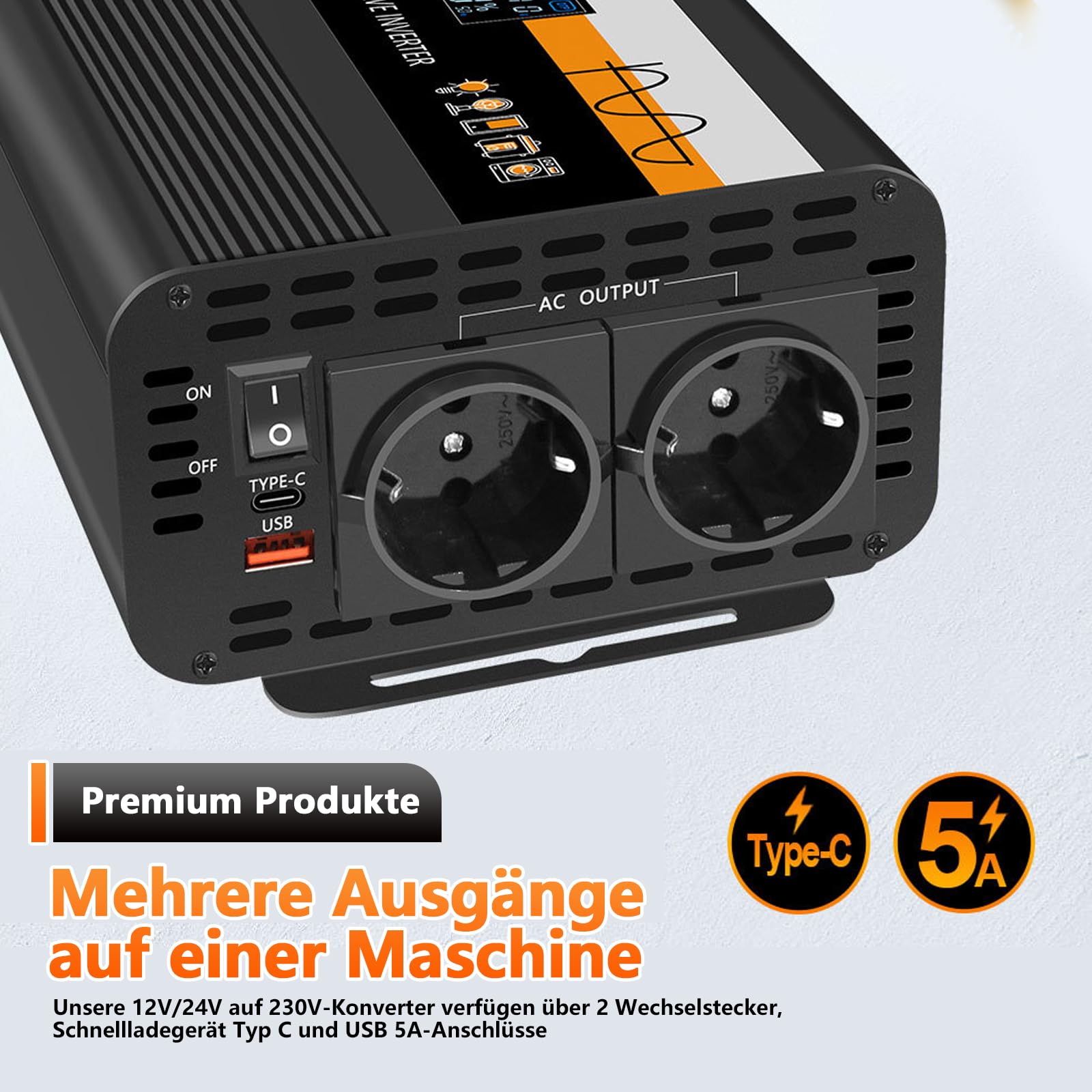 Przetwornica napięcia DC 12 V/24 V na AC 230 V, falownik sinusoidalny, czysty przetwornik sinusoidalny, 1300 W, 3000 W, z 2 europejskimi gniazdkami, wyświetlaczem USB i LCD, konwerter prądu do