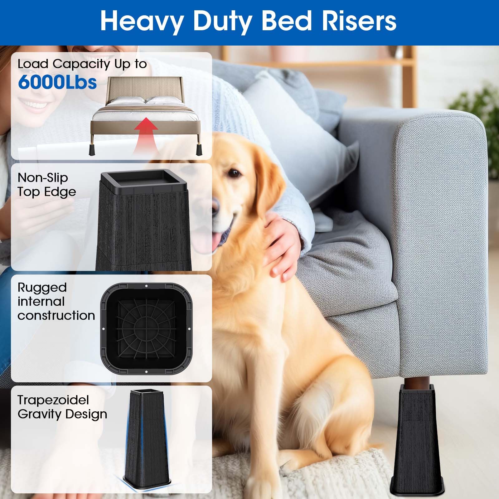 MYMULIKE Rialzi per letto da 35,6 cm, resistenti, rialzati per mobili di grandi dimensioni, 35,6 cm, supporto 2,721,6 kg, adatti per divani, sedie, ascensori per mobili, confezione da 4, nero