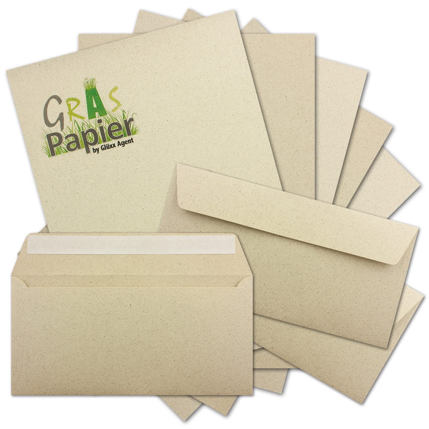 150x ÖKO Briefpapier DIN A4 mit Briefumschlägen Haftklebung DIN Lang aus Graspapier - Recycling Papier 120 g/m² - Umwelt Bastelpapier für Einladungen oder Briefpost - Glüxx Agent