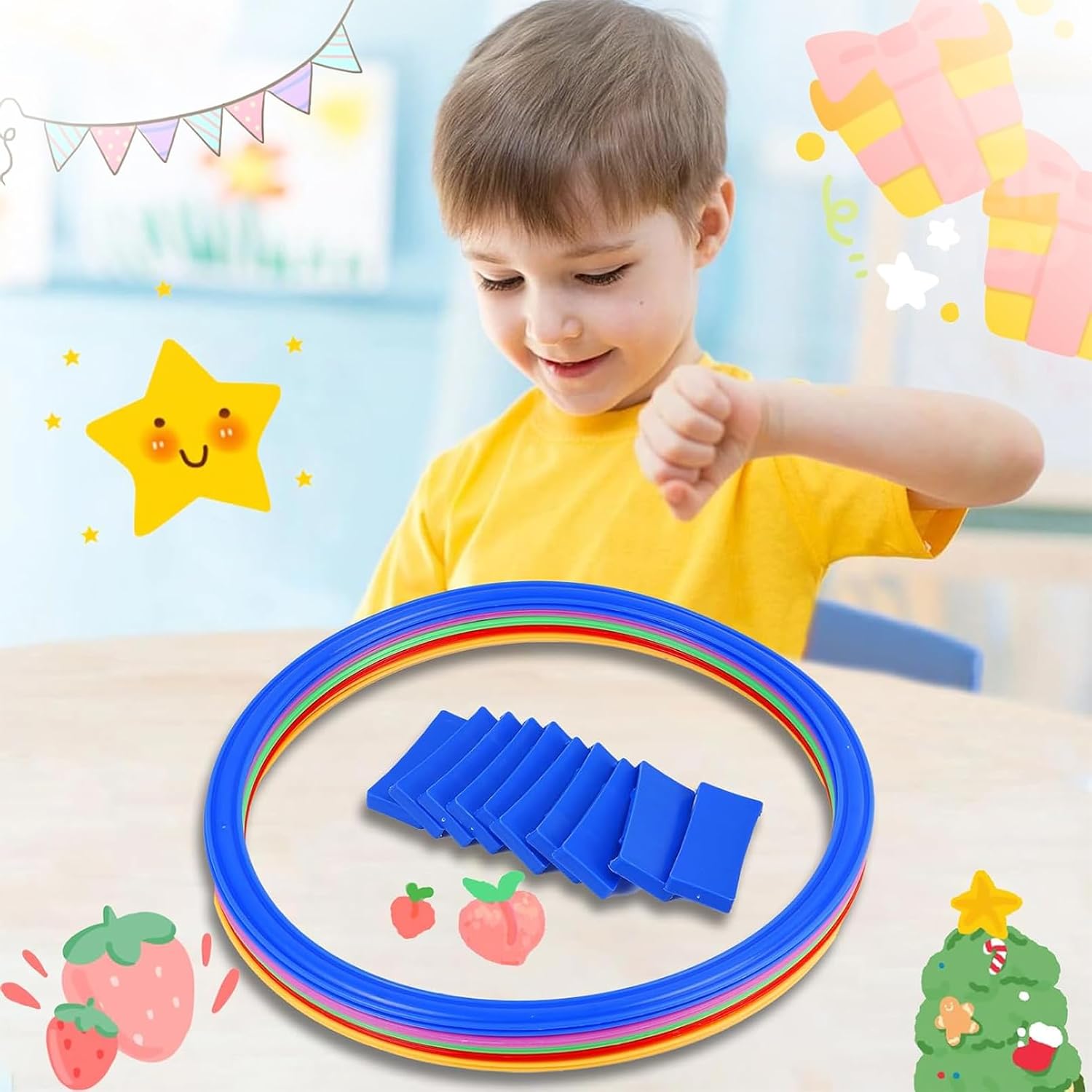 2 in 1 Hopscotch and Bean Bag Toss Set, Hopscotch Ring Game, Bean Bag Toss Game,10 Multi-Colored Plastic Rings and 10 Connectors for Indoor Outdoor Balance Agility Training Obstacle Course