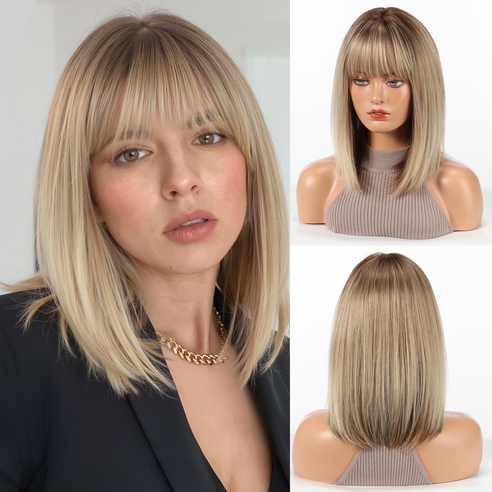HAIRCUBE Bob Wigs for Women Synthetic Wig with Fringe Blonde with Dark Roots Color for Daily Use, Medium