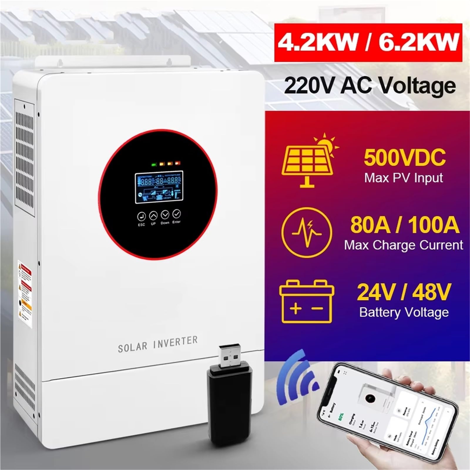 Power inverter Inverter Solare Ibrido Da 4,2 KW 6,2 KW 24V 48V 220V Inverter A Onda Sinusoidale Pura Su Rete Con Regolatori Di Carica Fotovoltaici MPPT(No WiFi,6.2KW 48V MPPT 80A)