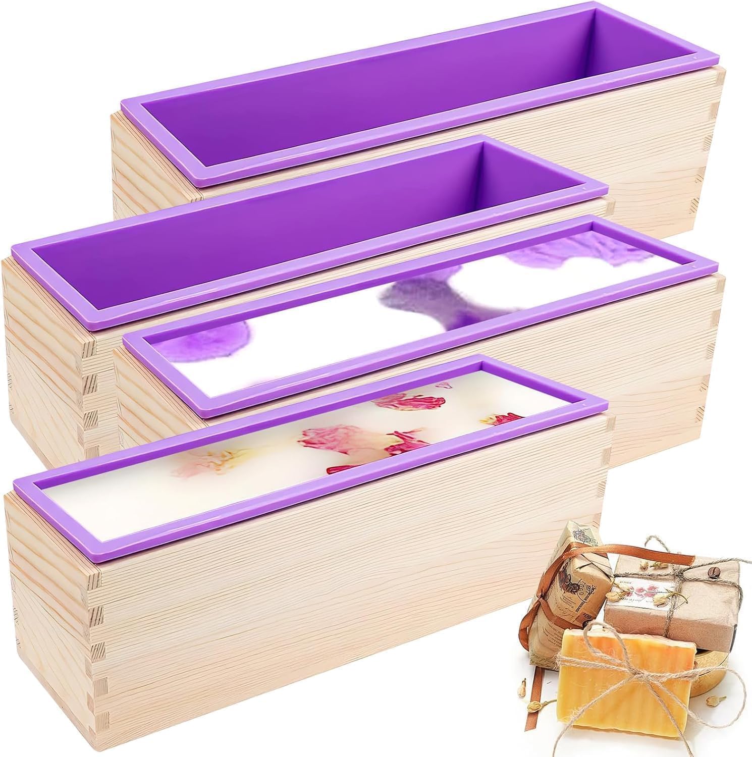 Lot de 4 Moules à Savon 1200 ml en Silicone avec Boîte en Bois, Moule à Savon Rectangulaire Amélioré pour Fabrication de Savon DIY, Saponification, Résine et Pâtisserie (Violet)
