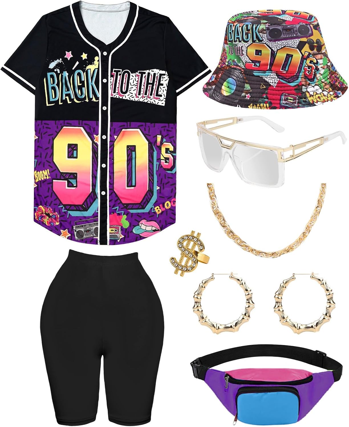 80s 90s Outfit for Women Baseball Jersey Shirt Shorts Fanny Pack Retro Party Costume Repper Accessories