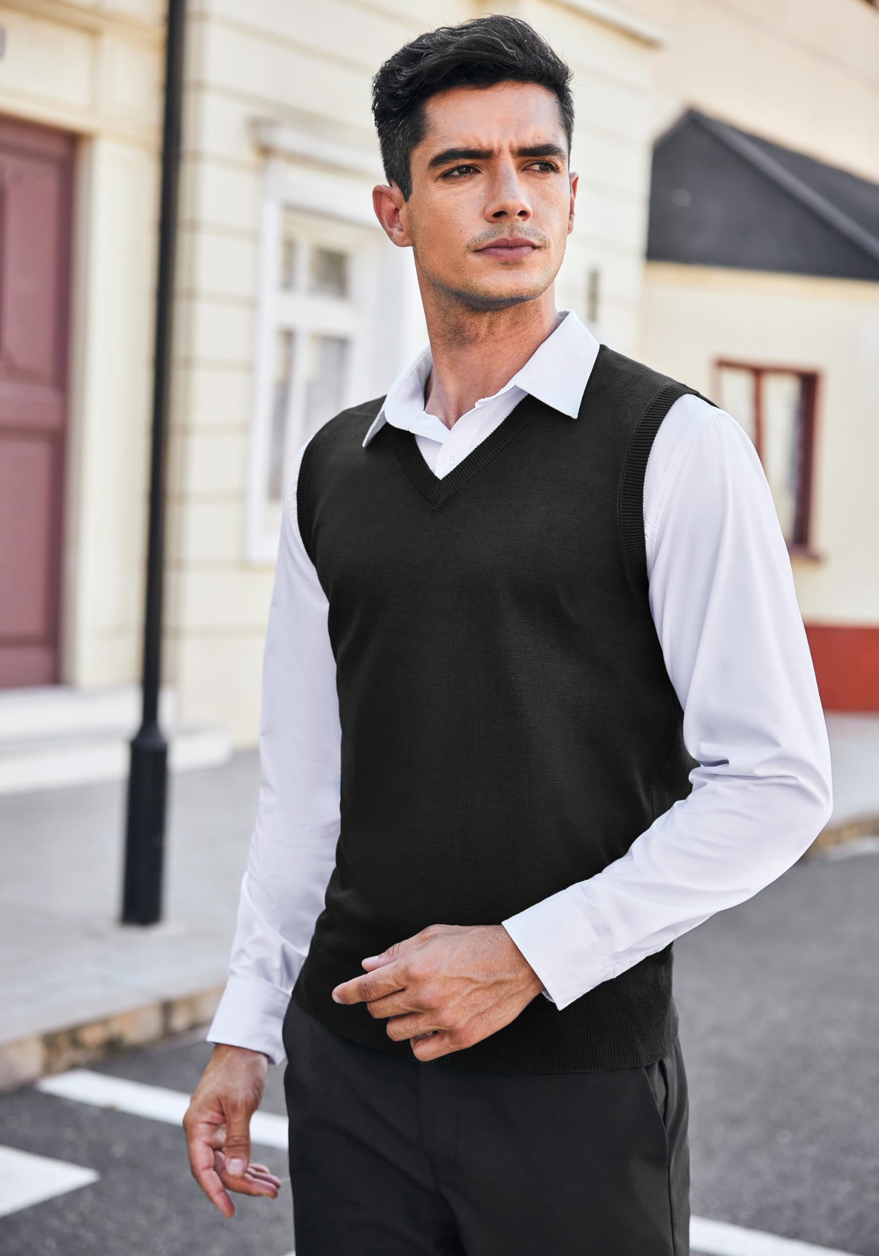 COOFANDY Suéter de punto con cuello en V para hombre, sin mangas, casual, ajustado, trenzado