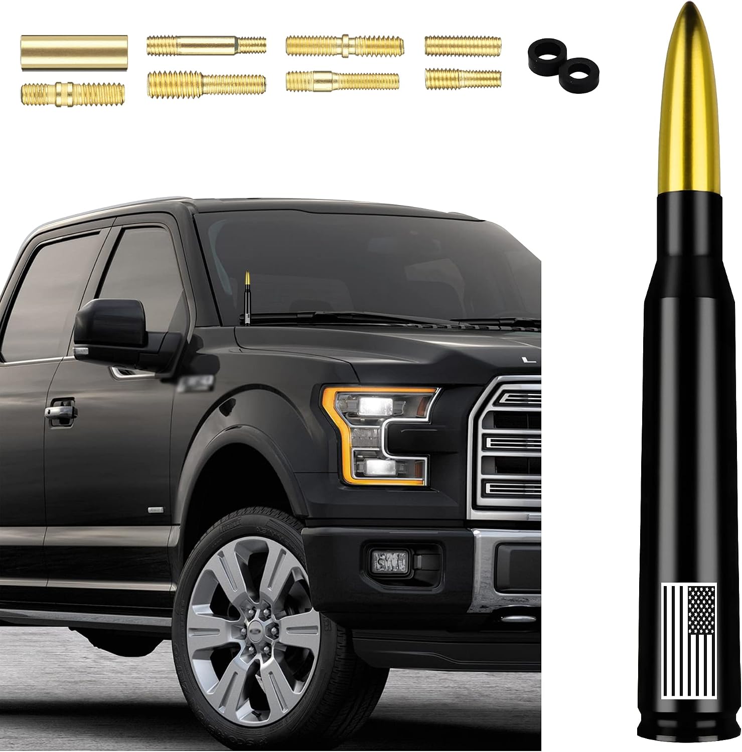 American Flag Car Bullet Antenna,Truck Exterior Decoration Accessories[Upgrade Flag Design] AM/FM Radio Signal for Car SUV Truck Most Auto Cars Antenna Accessories(Gold)