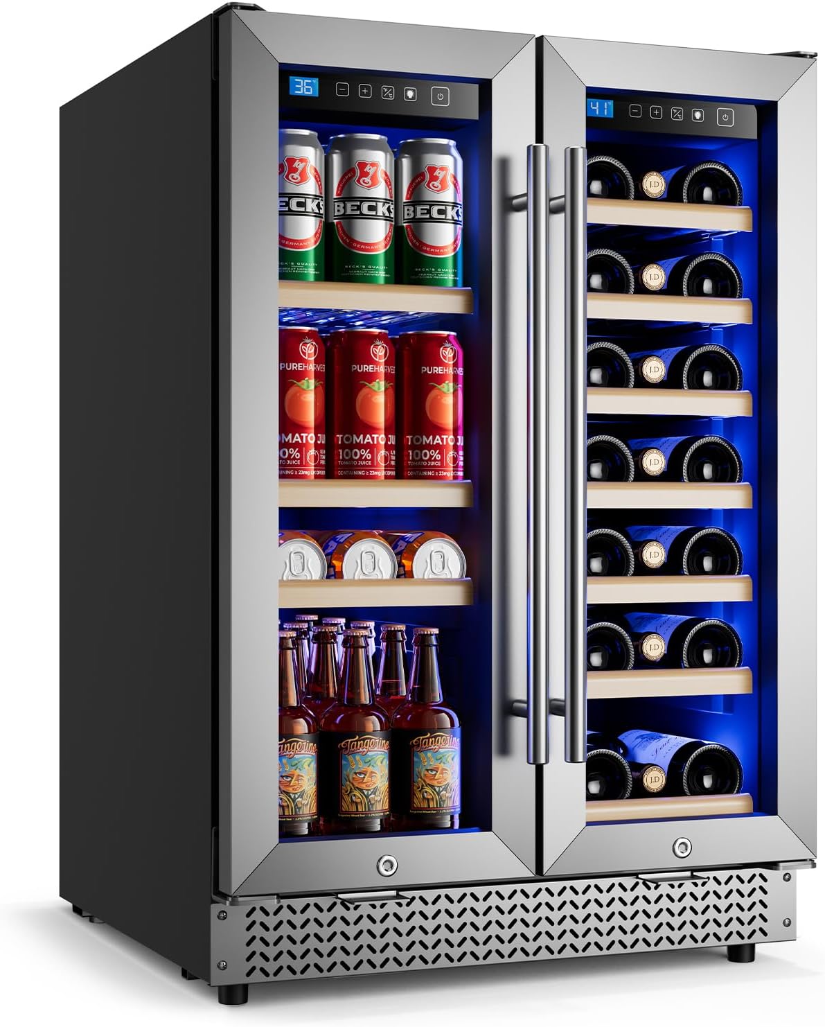 24 Inch Wine and Beverage Refrigerator, 88 Cans and 21 Bottles Dual Zone Wine Fridge with Glass Door Built in or Freestanding, Beverage Cooler for Soda Beer Wine-Kitchen Bar Office