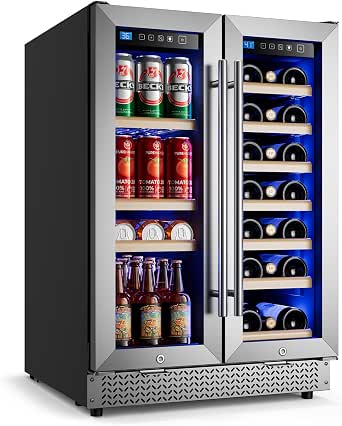 24 Inch Dual Zone Wine and Beverage Refrigerator, Holds 88 Cans and 21 Bottles, Built-in or Freestanding with Glass Door