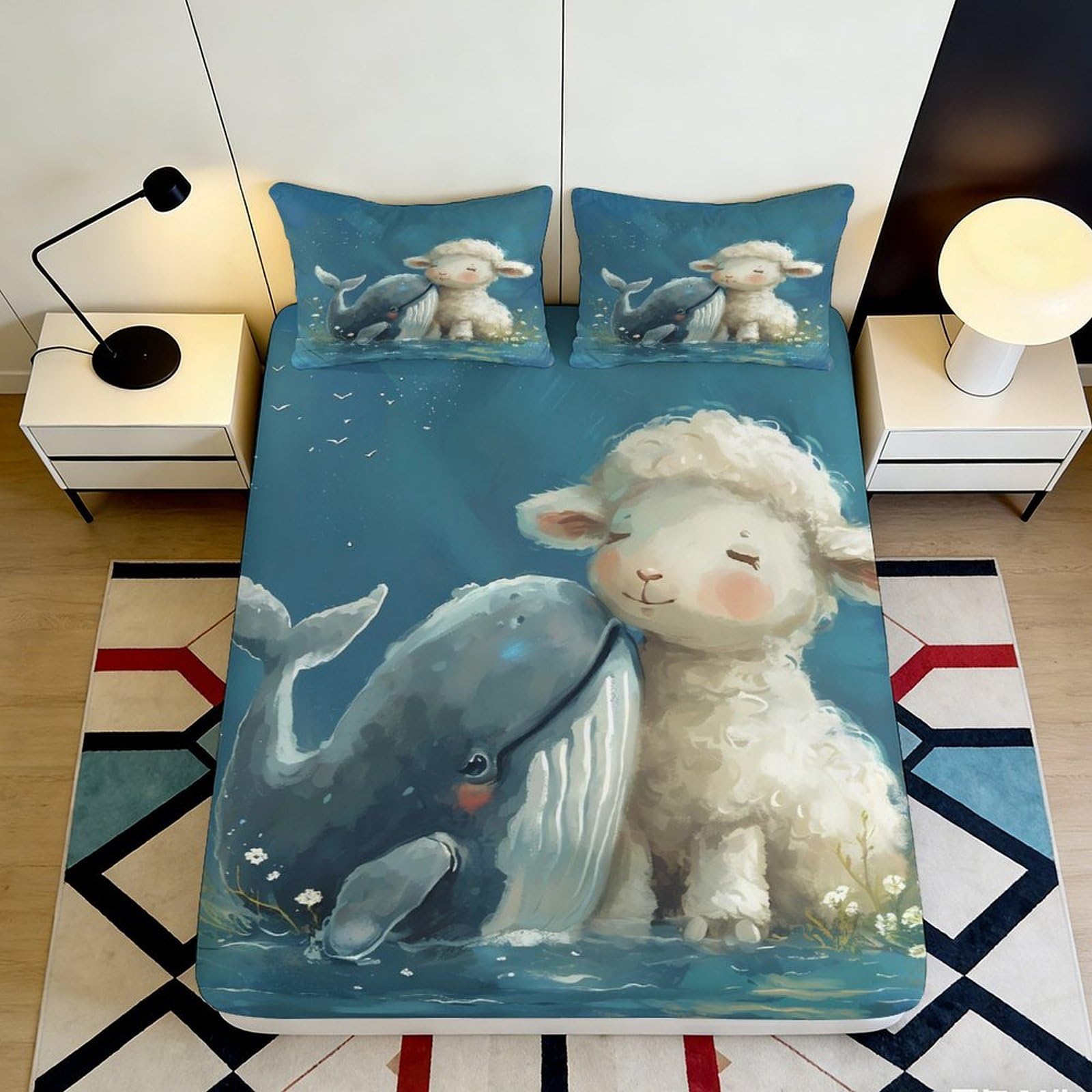 Decorative 3D Printed Fitted Sheet Lamb Whale Microfiber Soft Touch Bed Cover, Wrinkle Resistant, Home Decor, Apartment Bedding, Blue 90x200x25cm